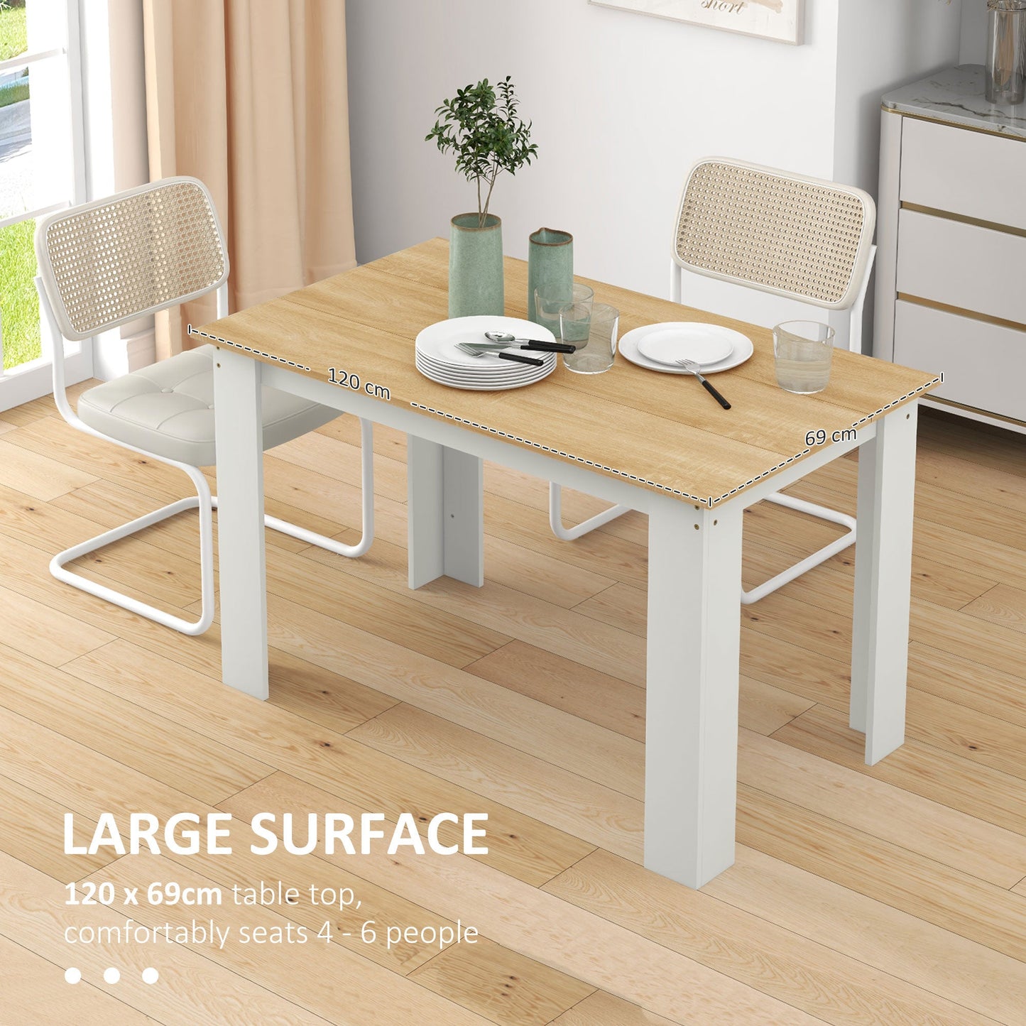 Dining Table for 4 to 6, 120W x 69D x 75H cm, Modern Kitchen Table with Wood Effect Tabletop for Dining Room, Kitchen, Living Room, Oak and White