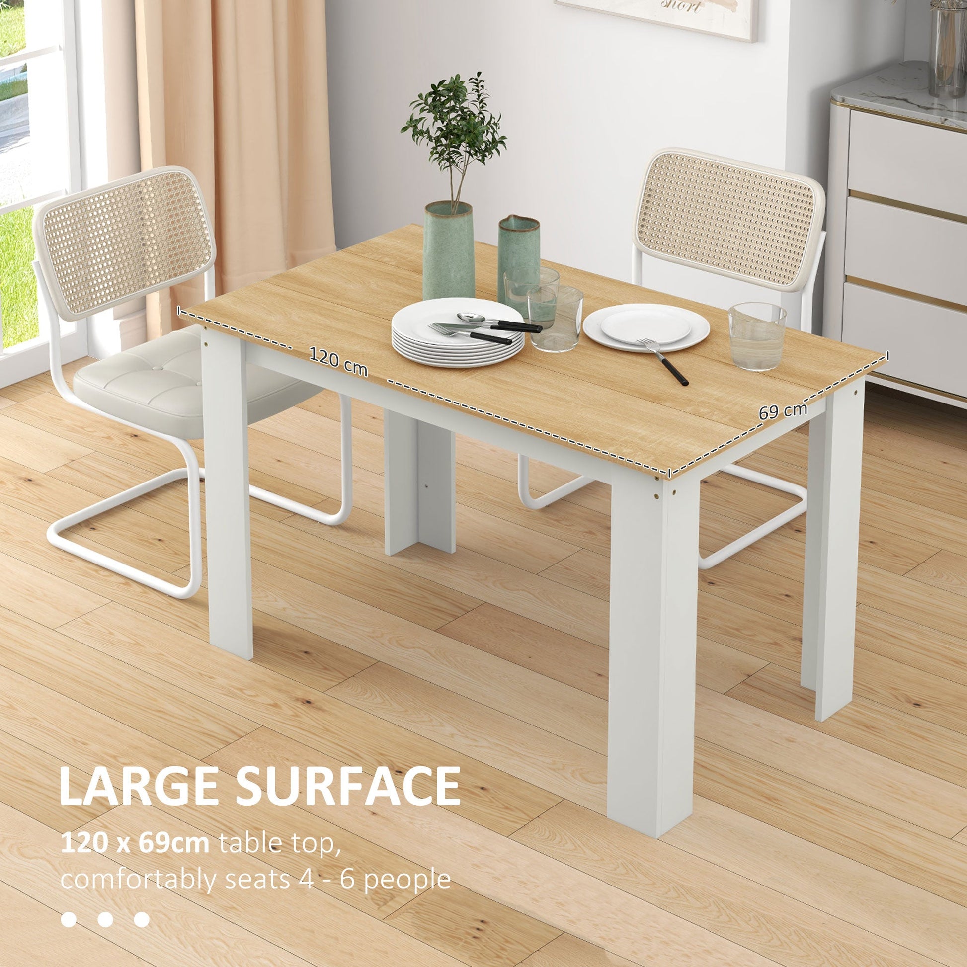Dining Table for 4 to 6, 120W x 69D x 75H cm, Modern Kitchen Table with Wood Effect Tabletop for Dining Room, Kitchen, Living Room, Oak and White