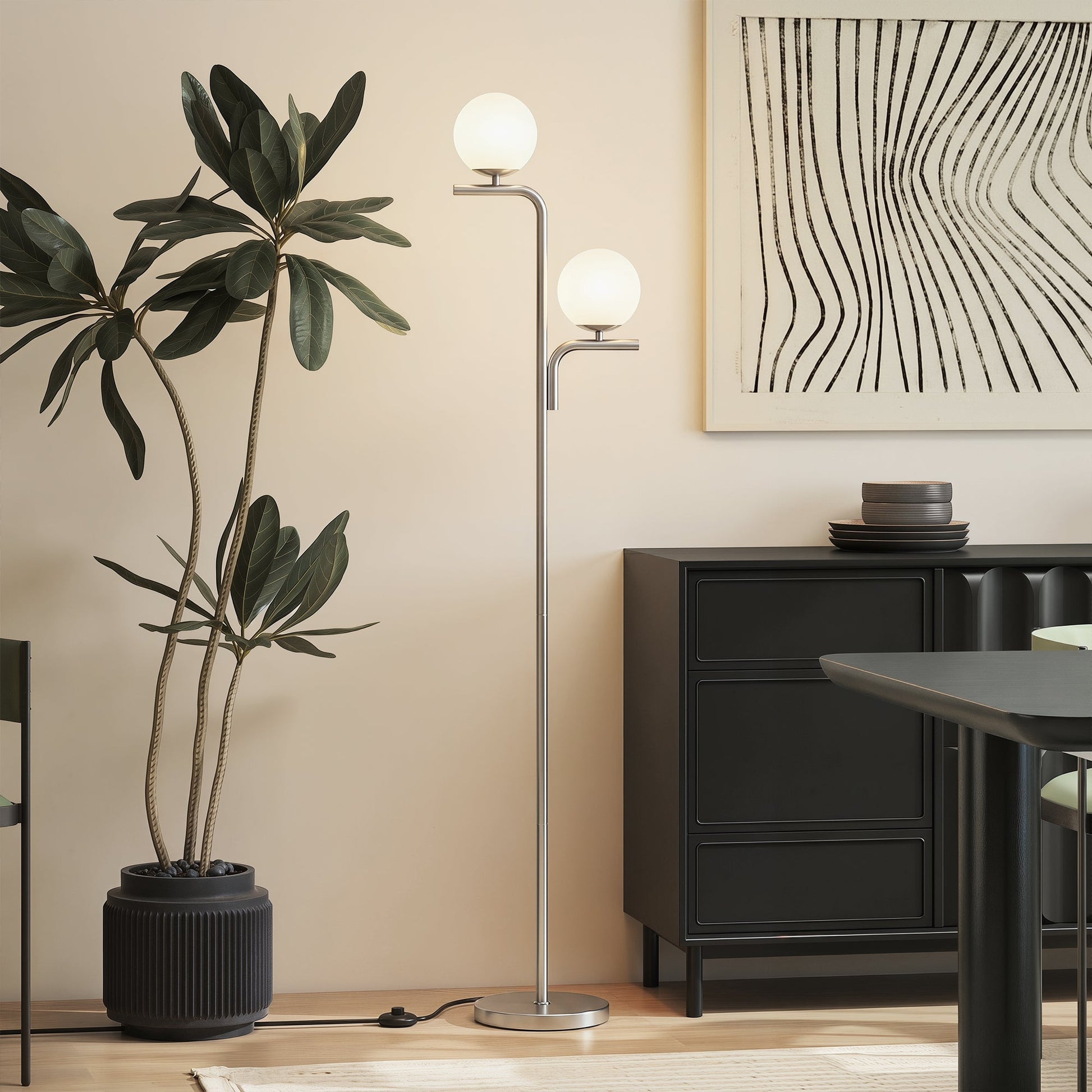LED Floor Lamp, Modern Standing Lamp with 3 Colour Temperatures, Globe Glass Shades and Foot Switch, for Living Room Bedroom Home Office, Silver Tone