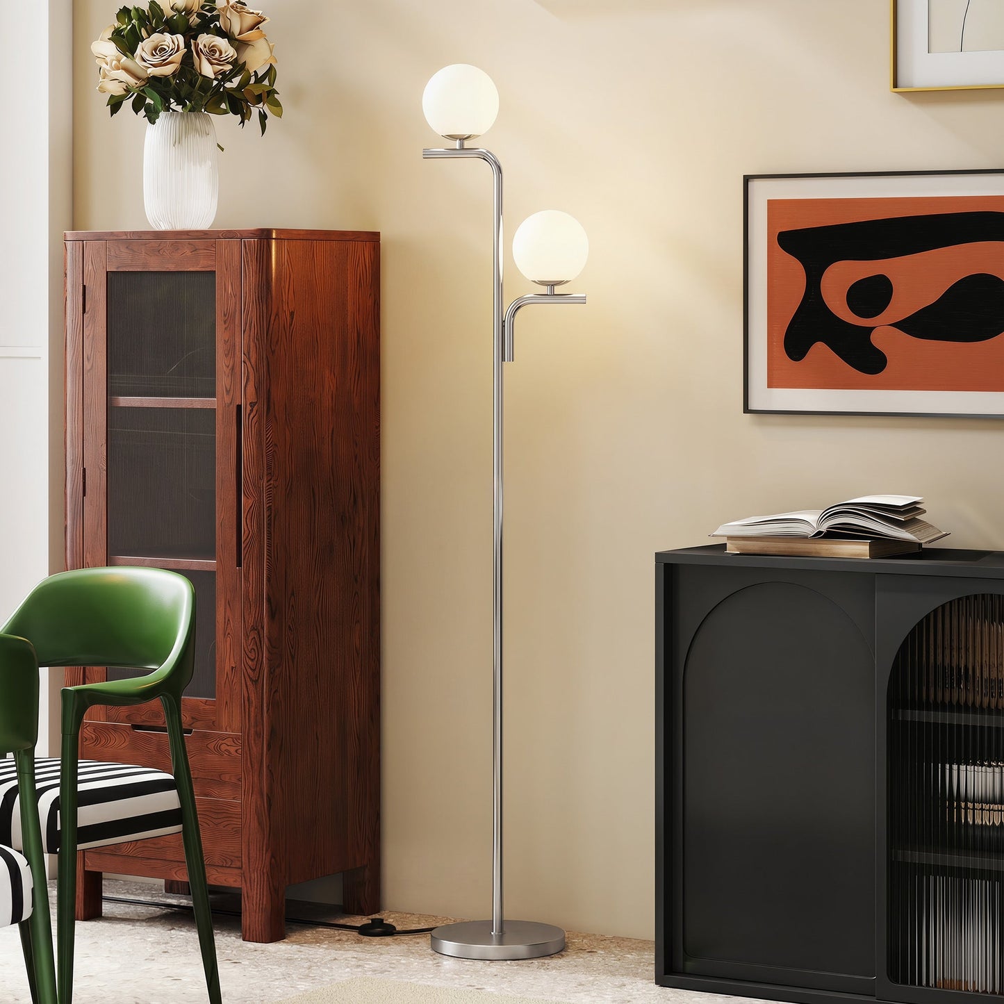 LED Floor Lamp, Modern Standing Lamp with 3 Colour Temperatures, Globe Glass Shades and Foot Switch, for Living Room Bedroom Home Office, Silver Tone
