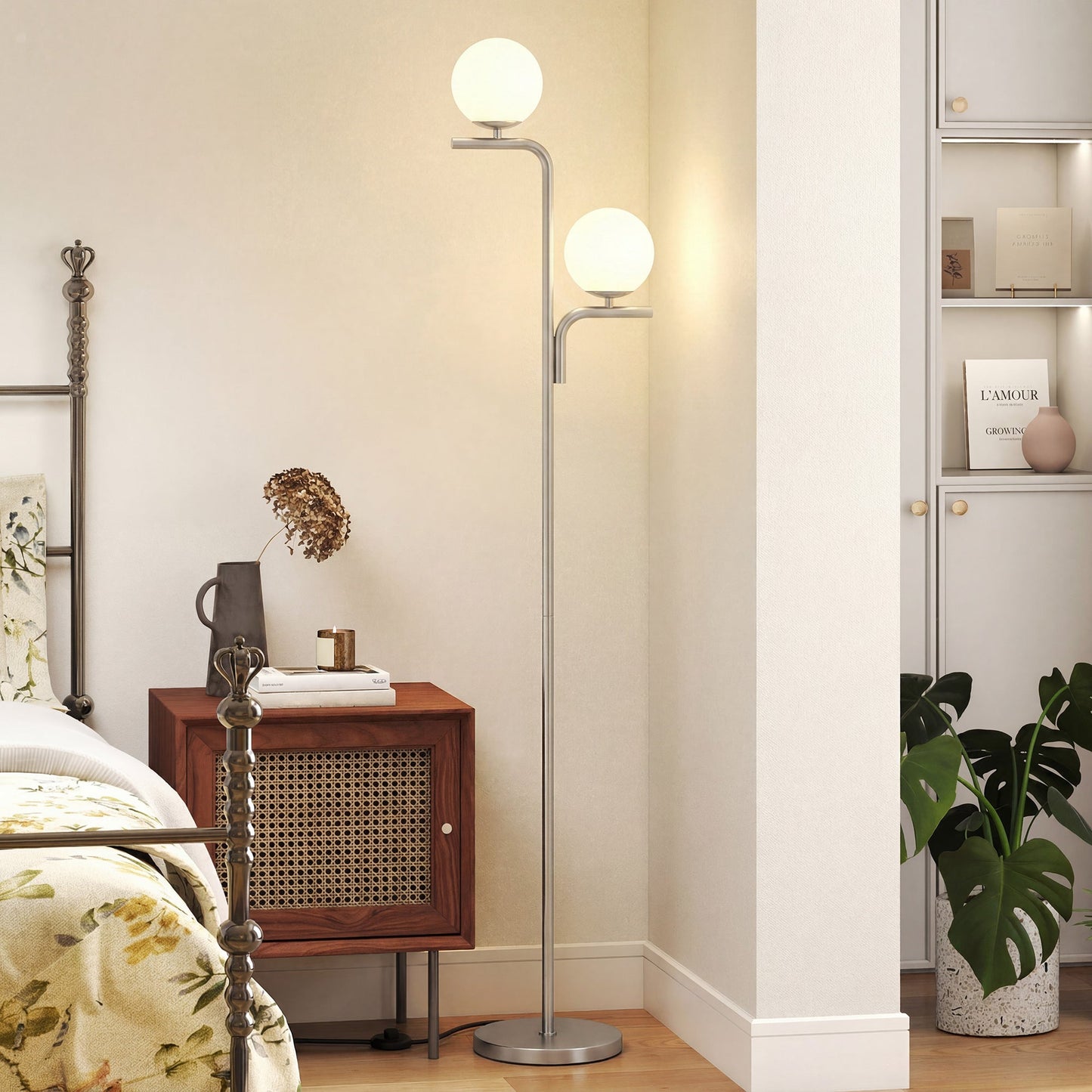 LED Floor Lamp, Modern Standing Lamp with 3 Colour Temperatures, Globe Glass Shades and Foot Switch, for Living Room Bedroom Home Office, Silver Tone
