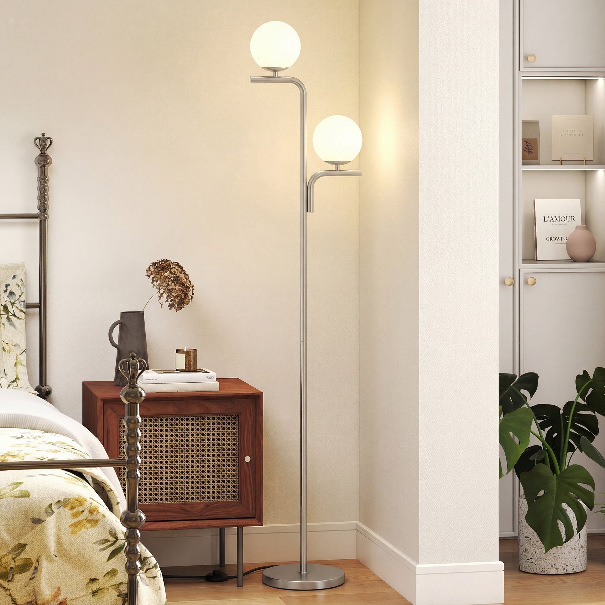 LED Floor Lamp, Modern Standing Lamp with 3 Colour Temperatures, Globe Glass Shades and Foot Switch, for Living Room Bedroom Home Office, Silver Tone