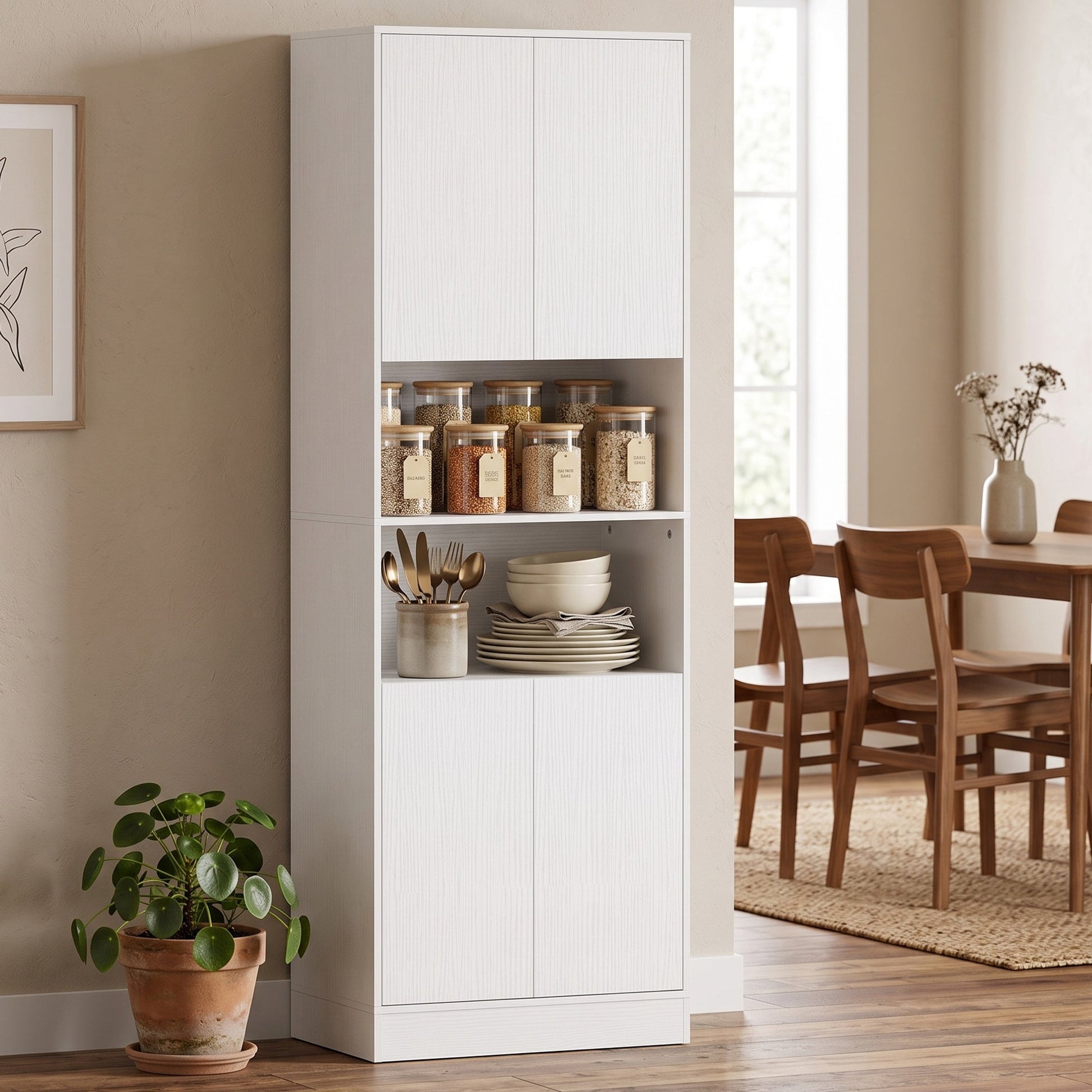 170 cm Tall Kitchen Cupboard, Pantry Storage Cabinet with Soft-Close Hinges, Freestanding Kitchen Cabinet with 2 Cupboards, 2 Open Shelves and Adjustable Shelves, White Wood Effect