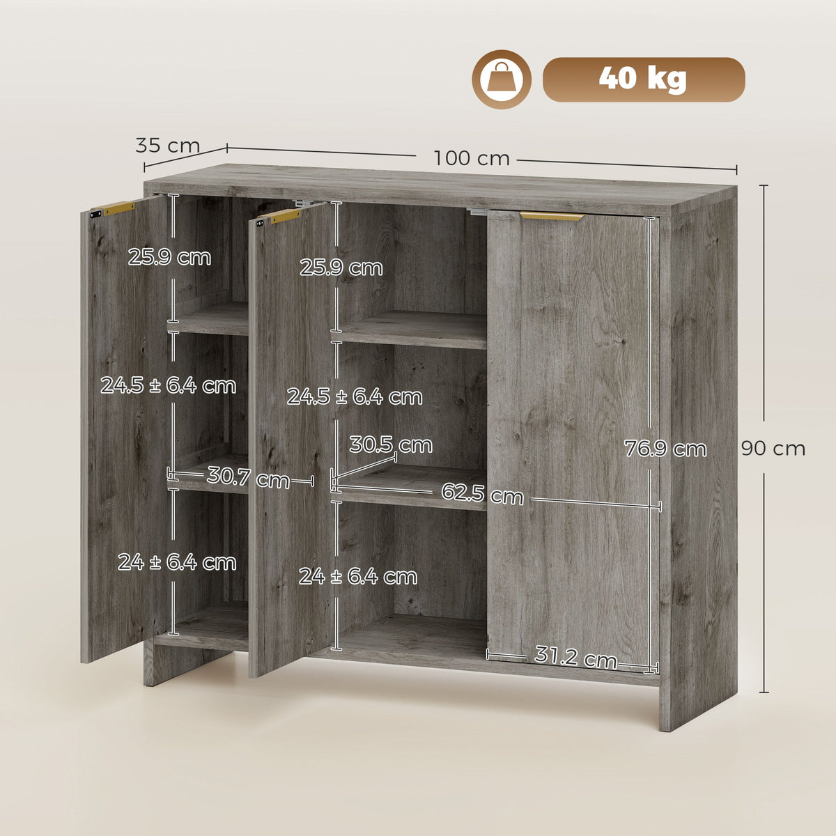 Sideboard Cabinet, Modern Storage Cabinet with 3 Doors and Adjustable Shelves, Freestanding Kitchen Cupboard for Living Room, Dining Room, 100 x 35 x 90 cm, Grey