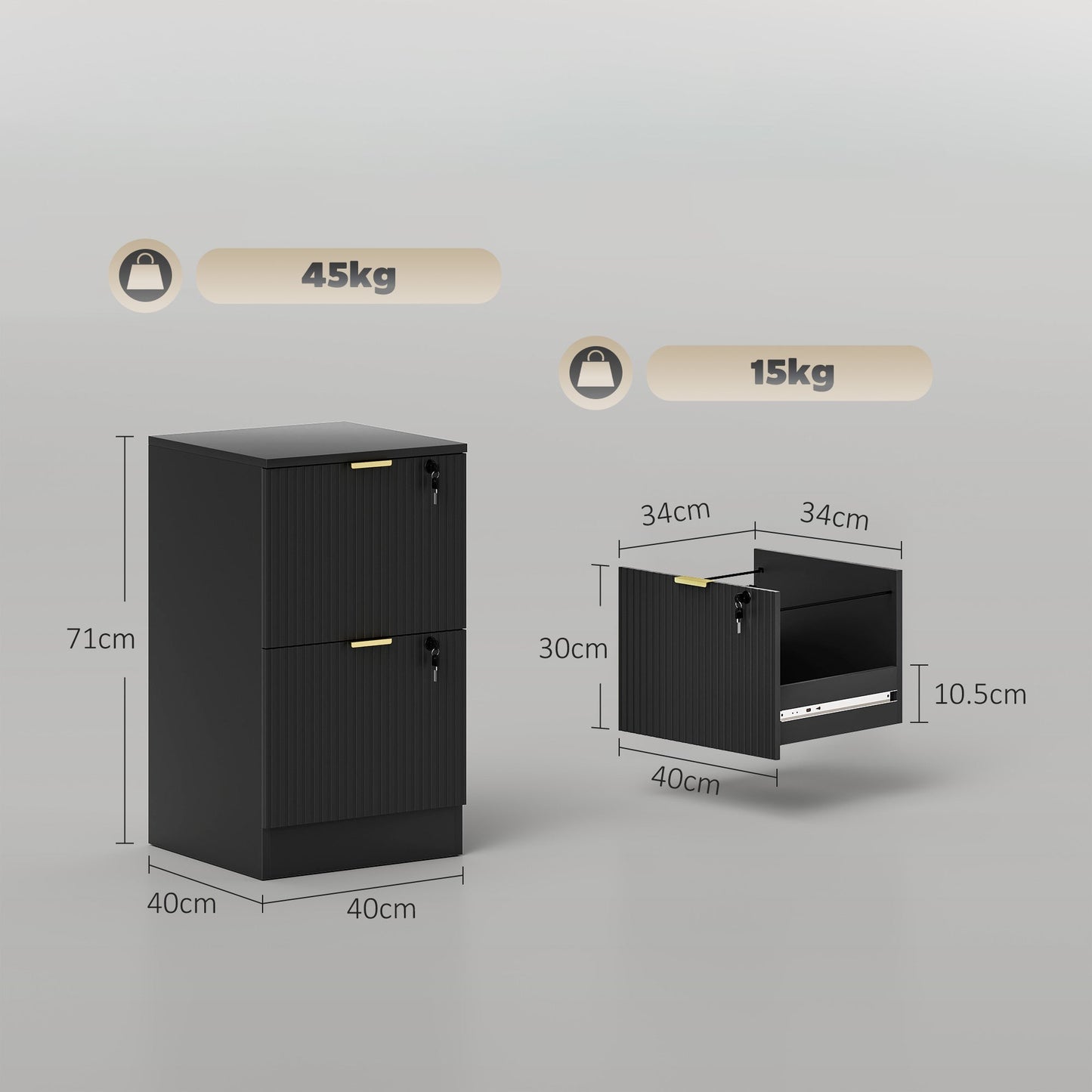 2 Drawer Filing Cabinet, Fluted Vertical File Cabinet with Lock and Adjustable Hanging Rails for A4 and Letter Size Files, Printer Stand with Storage, Black