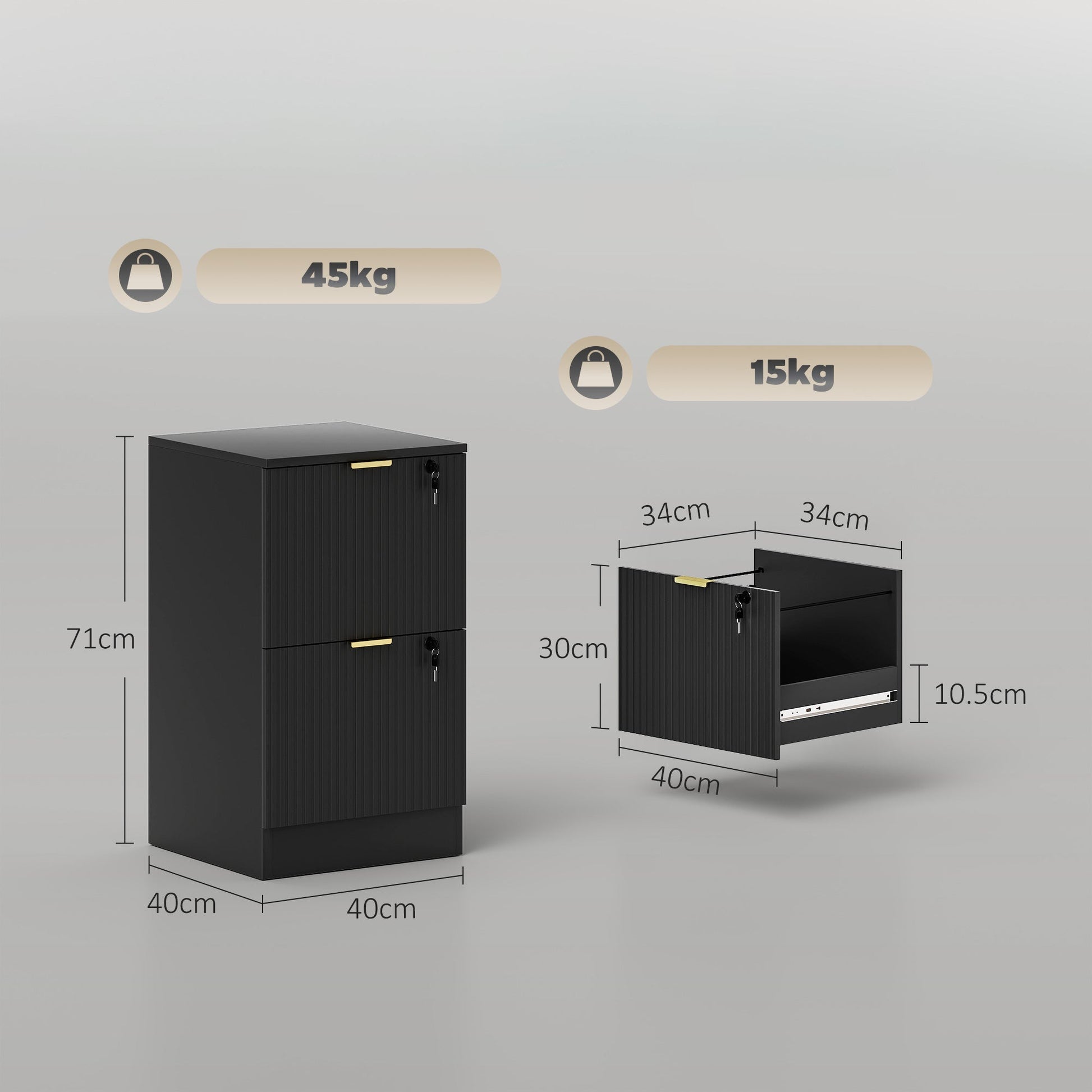 2 Drawer Filing Cabinet, Fluted Vertical File Cabinet with Lock and Adjustable Hanging Rails for A4 and Letter Size Files, Printer Stand with Storage, Black