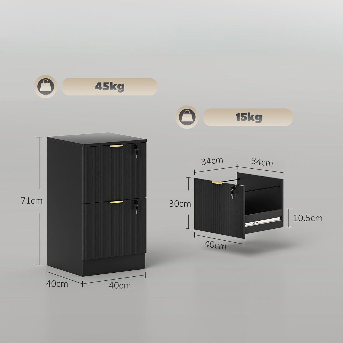 2 Drawer Filing Cabinet, Fluted Vertical File Cabinet with Lock and Adjustable Hanging Rails for A4 and Letter Size Files, Printer Stand with Storage, Black