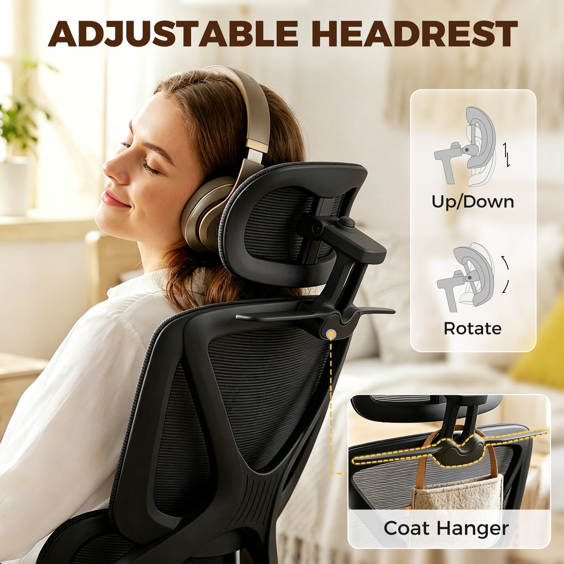 Ergonomic Office Chair, Mesh Desk Chair with 3D Armrests, Rotatable Headrest, Adjustable Lumbar Support, Coat Hanger, Recliner Computer Swivel Chair with Footrest for Home Office, Black
