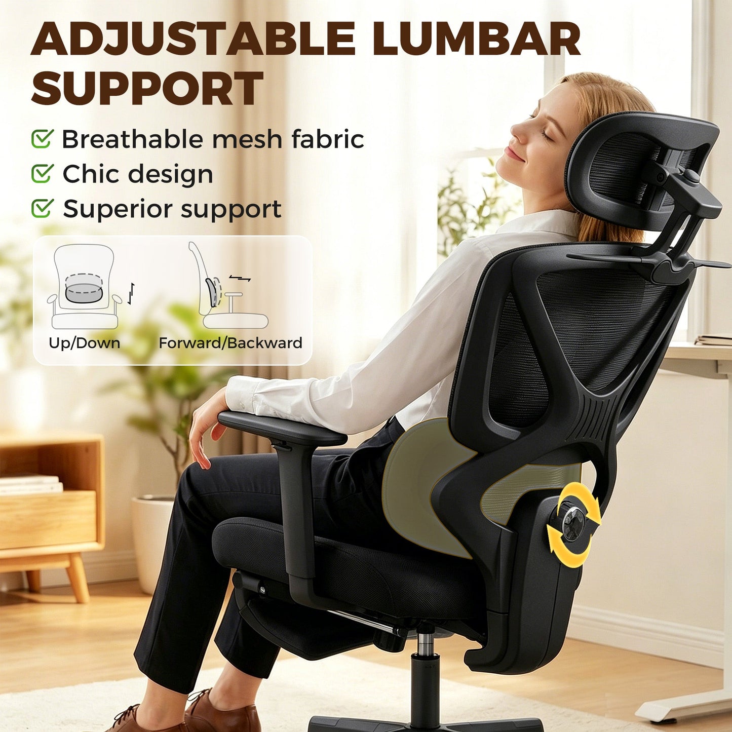 Ergonomic Office Chair, Mesh Desk Chair with 3D Armrests, Rotatable Headrest, Adjustable Lumbar Support, Coat Hanger, Recliner Computer Swivel Chair with Footrest for Home Office, Black