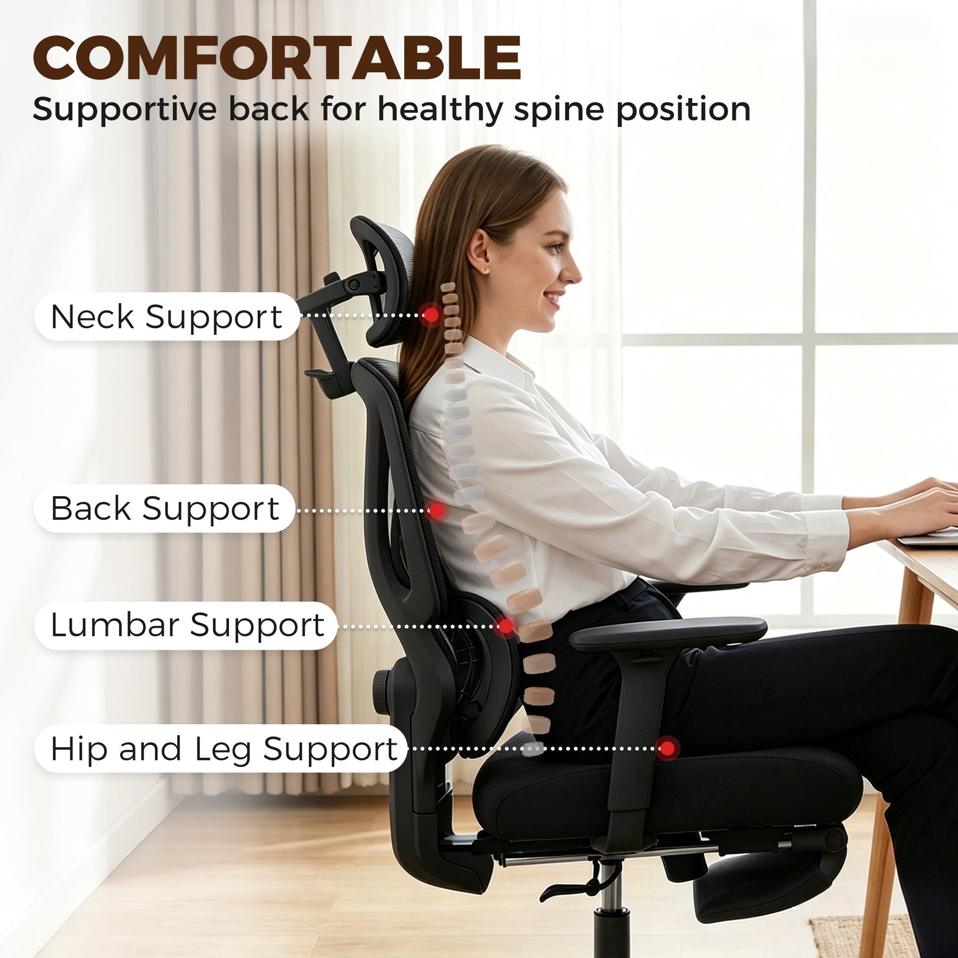 Ergonomic Office Chair, Mesh Desk Chair with 3D Armrests, Rotatable Headrest, Adjustable Lumbar Support, Coat Hanger, Recliner Computer Swivel Chair with Footrest for Home Office, Black