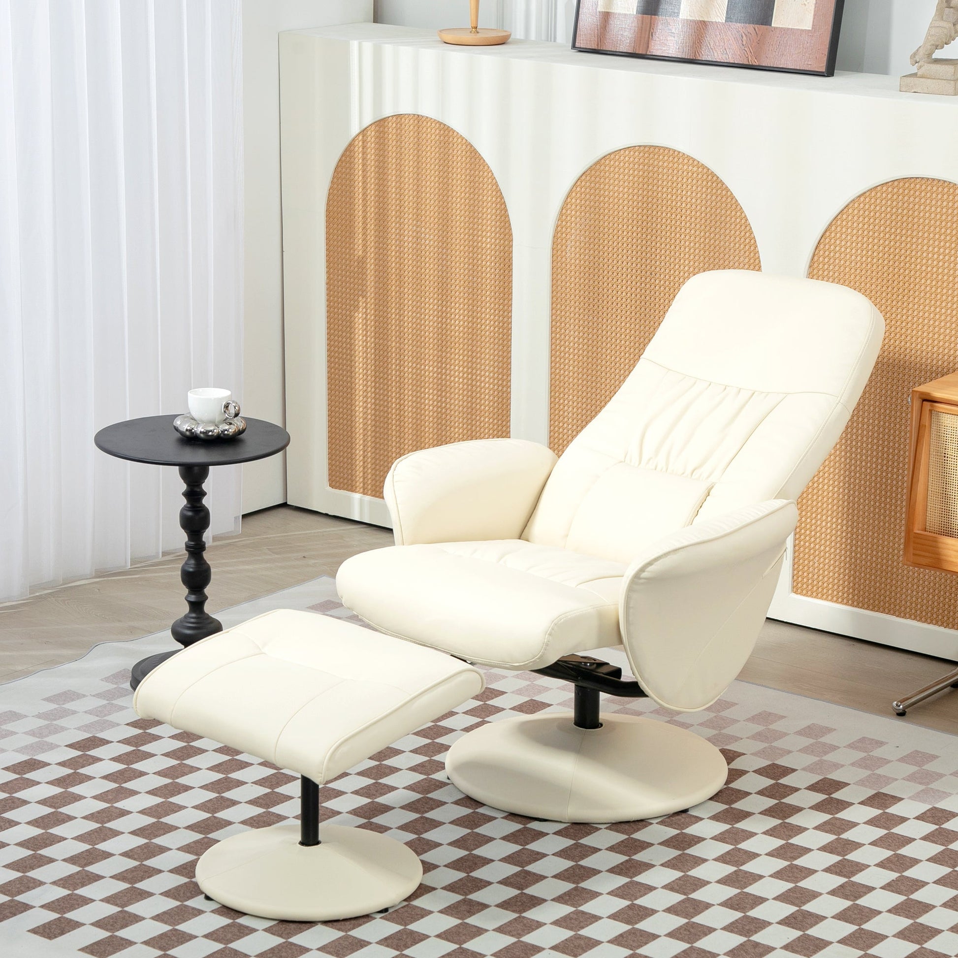 HOMCOM Swivel Recliner Chair with Footstool, PU Leather Armchair and Ottoman with High Back and Round Base for Living Room, Cream White