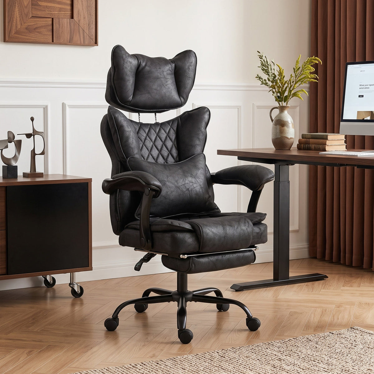 Executive Office Chair, 180kg Big and Tall Leathaire Desk Chair with Adjustable Headrest, Lumbar Support, Wide Seat, Reclining Back, Footrest, Swivel Wheels, Black