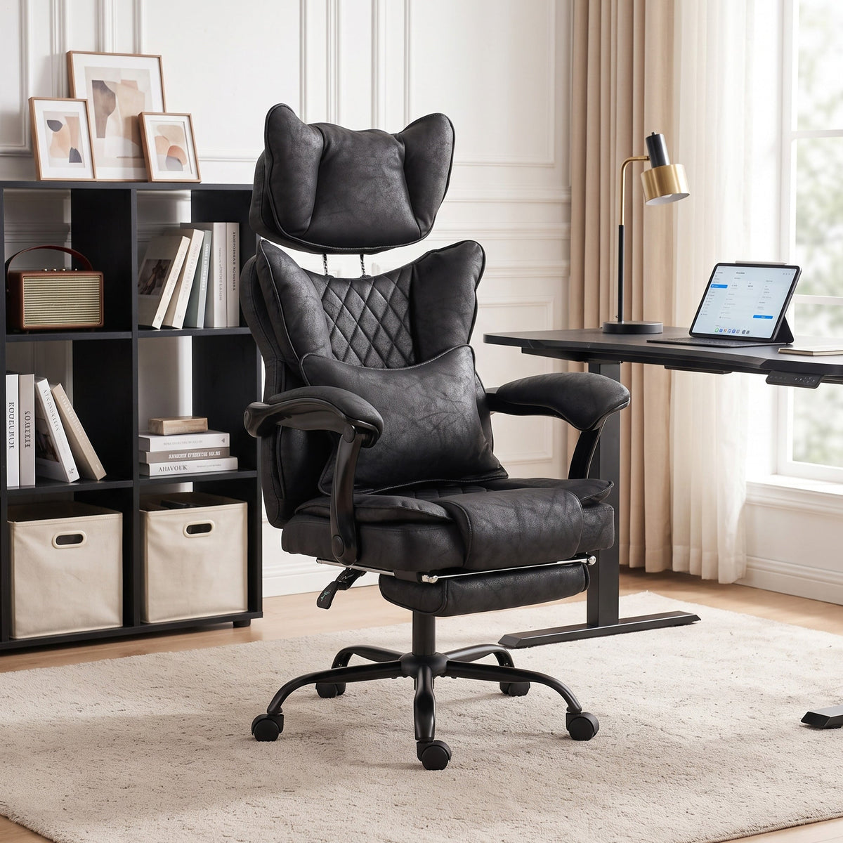 Executive Office Chair, 180kg Big and Tall Leathaire Desk Chair with Adjustable Headrest, Lumbar Support, Wide Seat, Reclining Back, Footrest, Swivel Wheels, Black