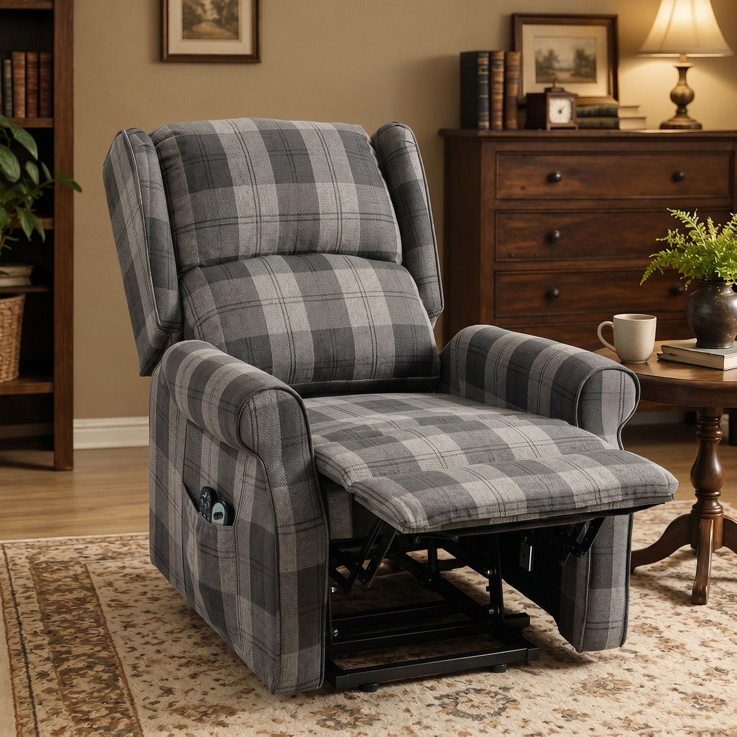 Power Lift Recliner Chair with Vibration Massage and Heat, Checked Electric Lift Chair for Elderly, Fabric Riser and Reclining Armchair with Pocket Spring, Remote, Quick Assembly, Side Pockets