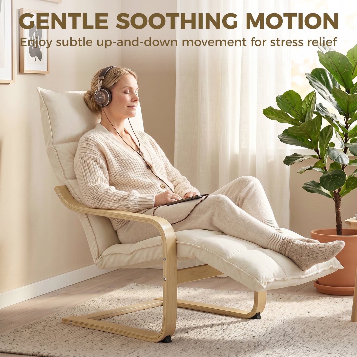 Accent Chair, Linen-Look Fabric Armchair with Footrest, Plush Cushion, High Back, Wide Seat, Curved Legs and Arms, Gentle Motion, Leisure Lounge Chair for Living Room, Bedroom, Cream White