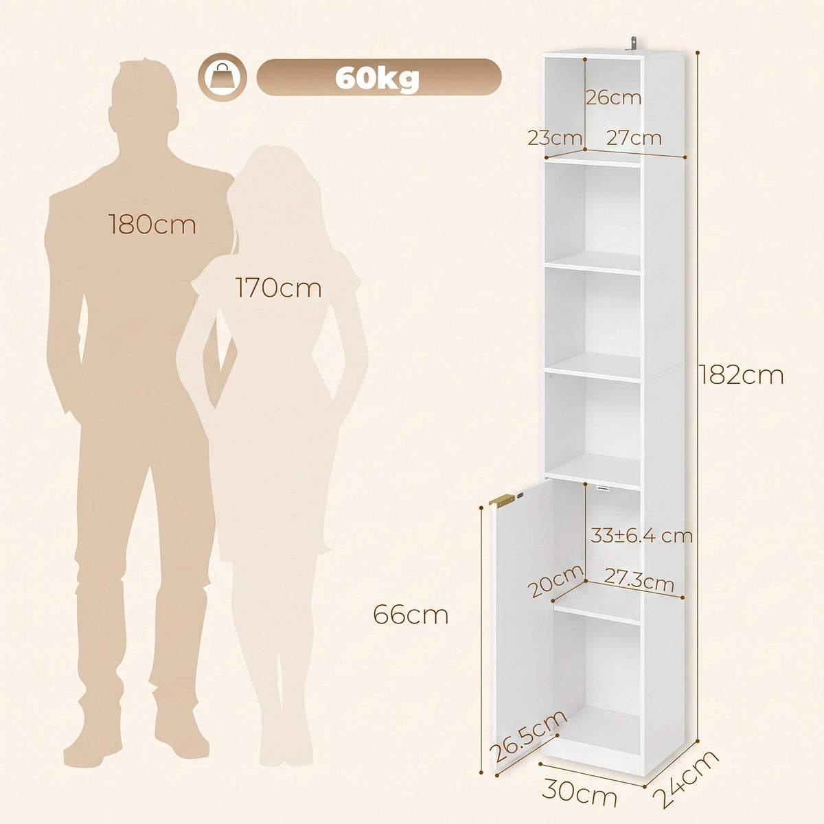 Bookcase, 6-Tier Tall Bookshelf, Open Book Shelf with Storage Cabinet and Adjustable Shelf, Anti-Tip Hardware for Living Room, Bedroom, Home Office, White Wood Effect