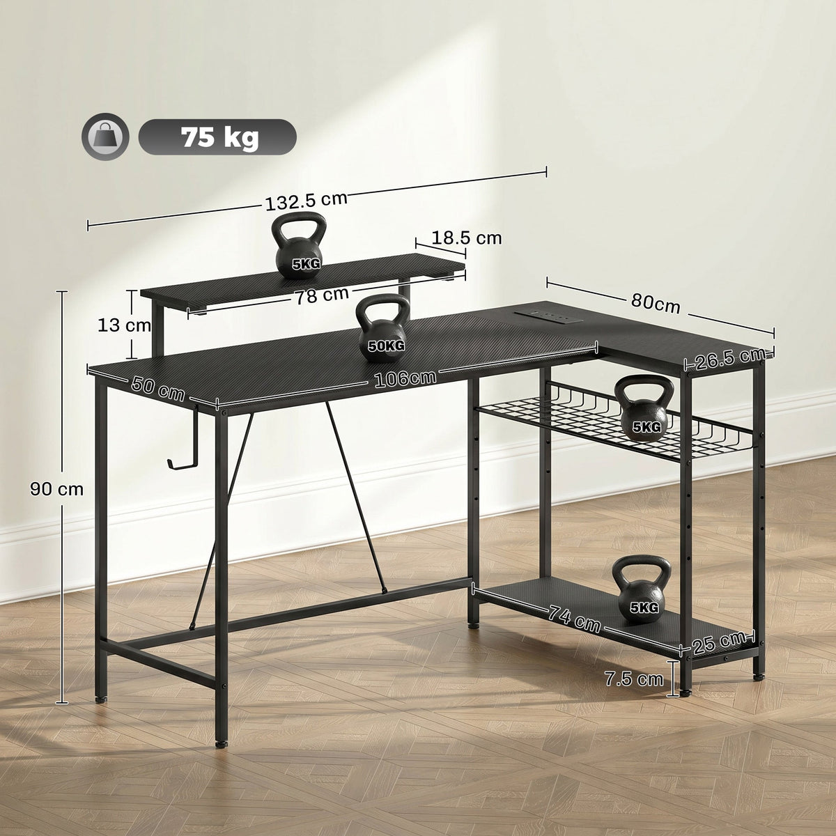 L Shaped Gaming Desk with LED Lights, Power Outlet, USB Charging Ports, 132cm Reversible Corner Computer Desk with Storage Shelves, Monitor Stand for Home Office, Small Space, Black