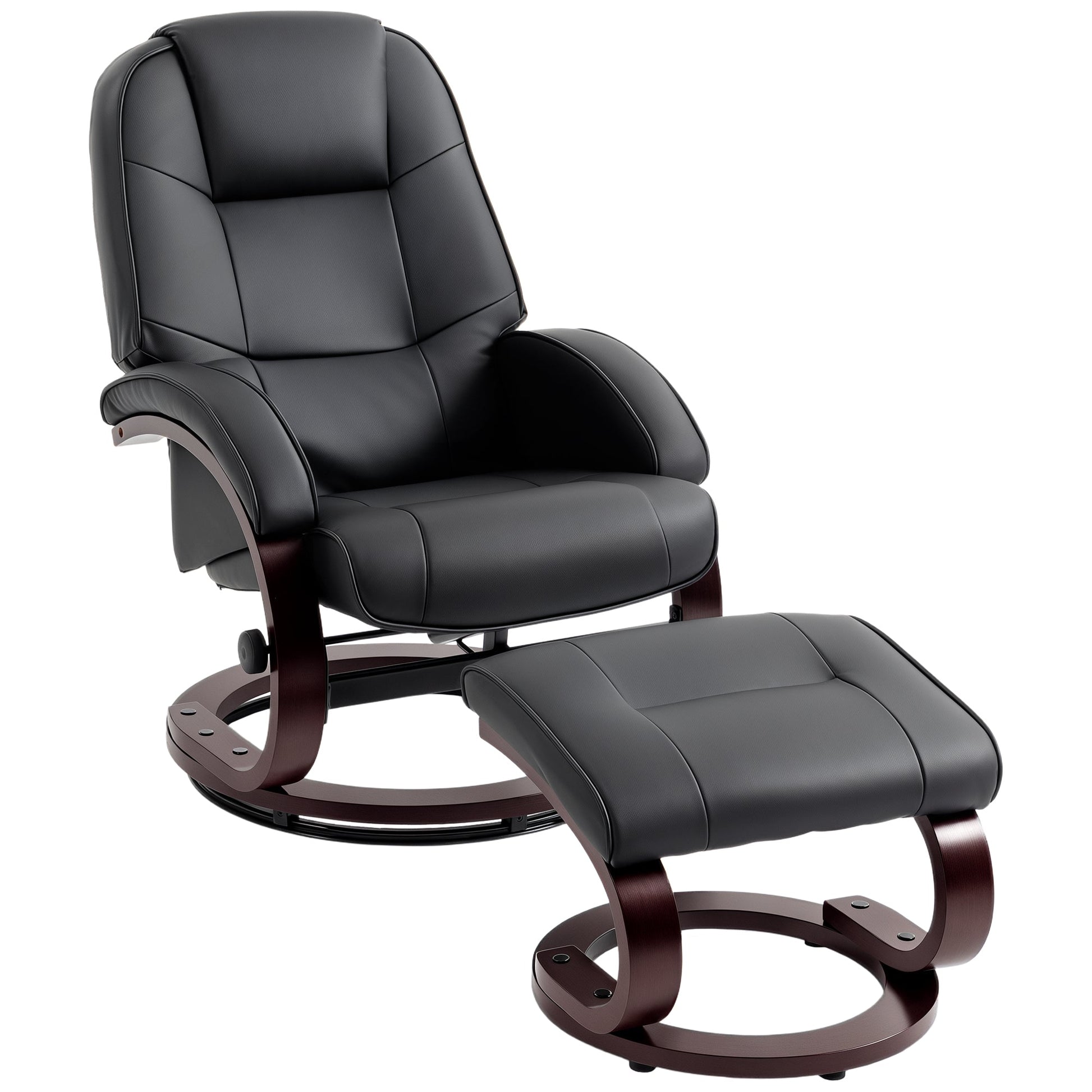 Swivel Recliner Chair with Footstool, PU Leather Recliner Armchair with High Back and Wood Frame, Reclining Chair Lounge with Padded Armrests for Living Room, Black