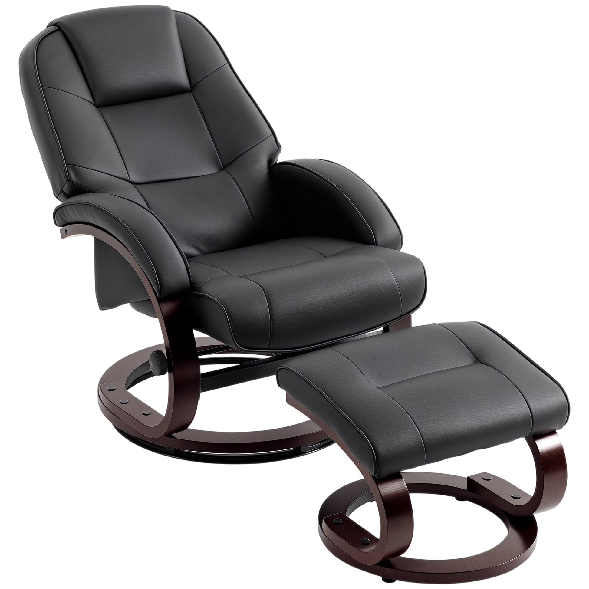 Swivel Recliner Chair with Footstool, PU Leather Recliner Armchair with High Back and Wood Frame, Reclining Chair Lounge with Padded Armrests for Living Room, Black