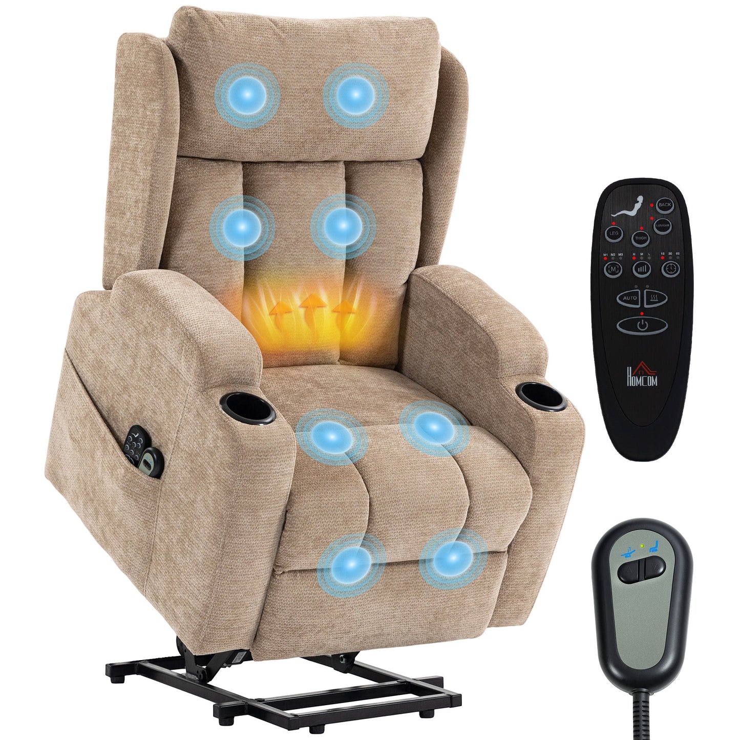 Power Lift Recliner Chair with Vibration Massage and Heat, Chenille Riser and Recliner Armchair for Elderly with Folding Headrest, Spring Cushion, Wide and High Back, Cup Holders, Remote, Brown