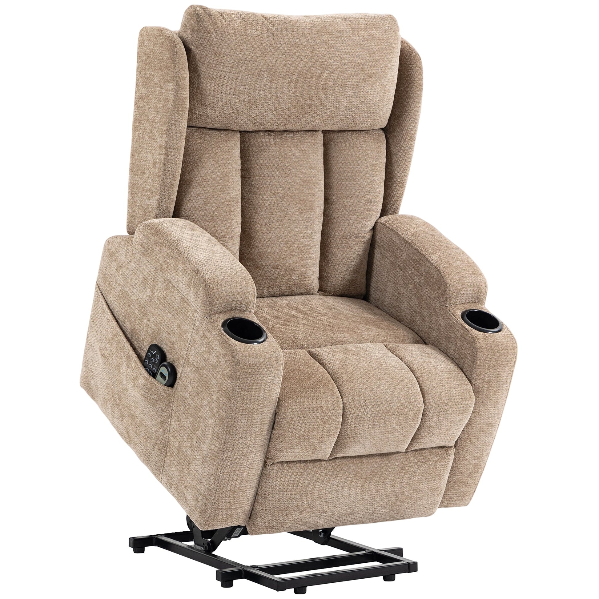 Power Lift Recliner Chair with Vibration Massage and Heat, Chenille Riser and Recliner Armchair for Elderly with Folding Headrest, Spring Cushion, Wide and High Back, Cup Holders, Remote, Brown