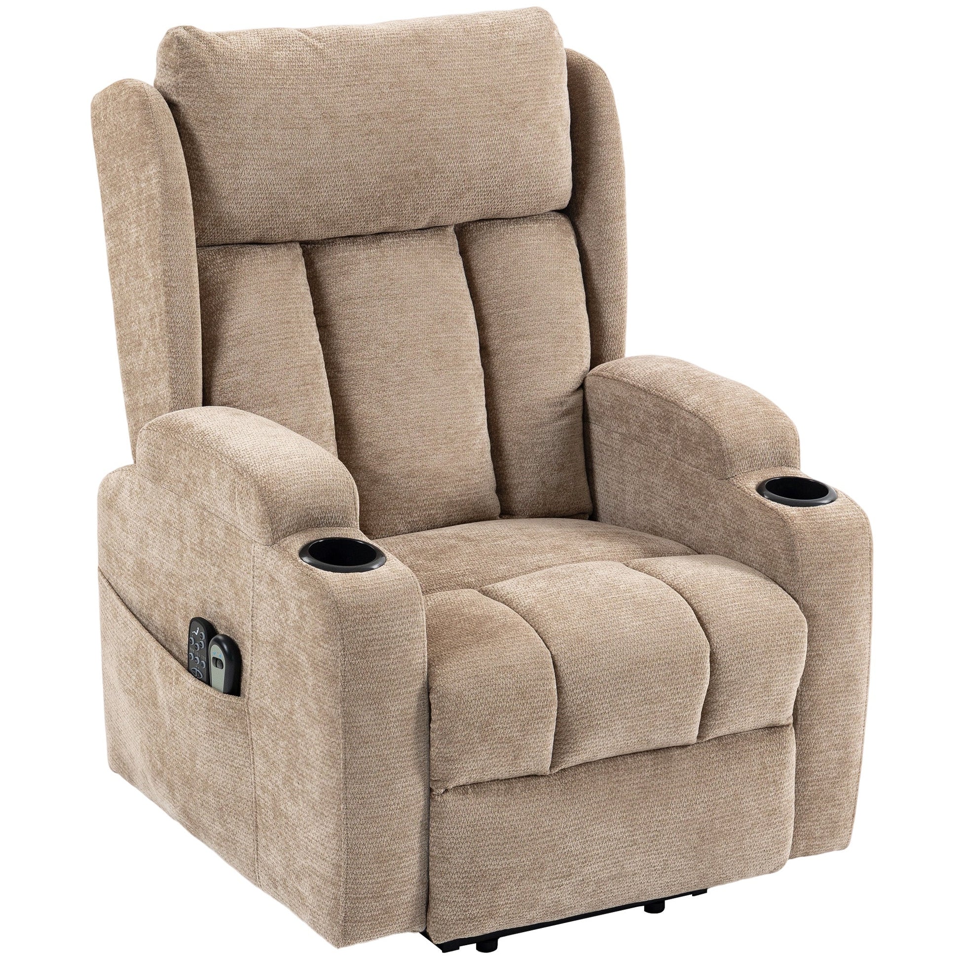 Power Lift Recliner Chair with Vibration Massage and Heat, Chenille Riser and Recliner Armchair for Elderly with Folding Headrest, Spring Cushion, Wide and High Back, Cup Holders, Remote, Brown