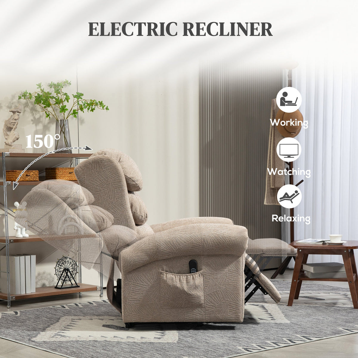 Riser Recliner Chair for Elderly, Velvet Electric Power Lift Chair with Layered Padded Backrest, Spring Cushion, Wide Seat, USB Port, Remote, Side Pockets, Lift Armchair for Living Room, Khaki