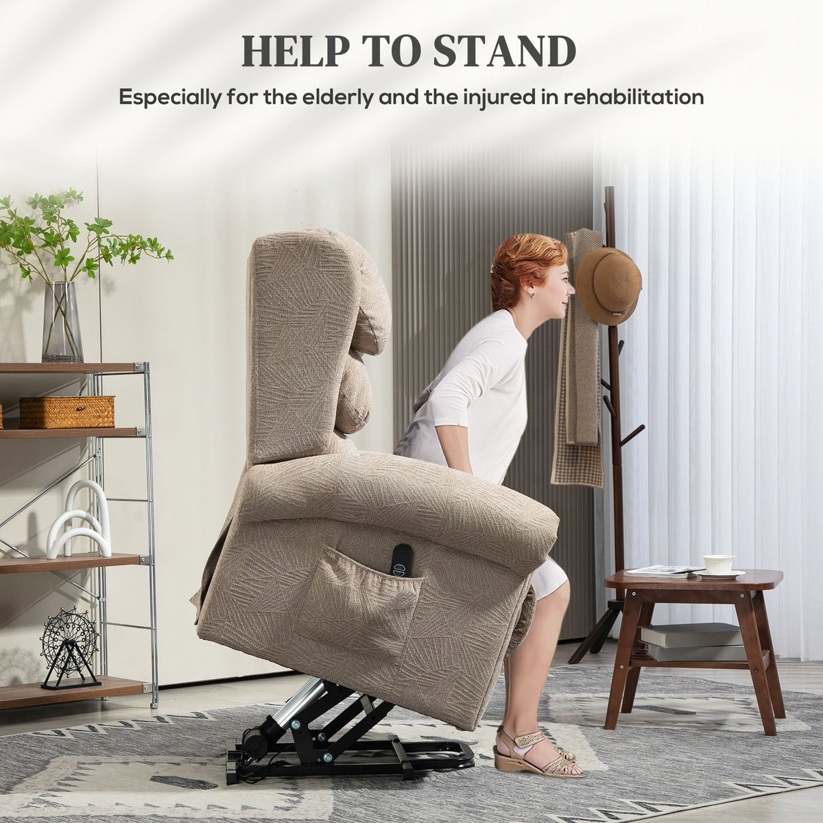 Riser Recliner Chair for Elderly, Velvet Electric Power Lift Chair with Layered Padded Backrest, Spring Cushion, Wide Seat, USB Port, Remote, Side Pockets, Lift Armchair for Living Room, Khaki