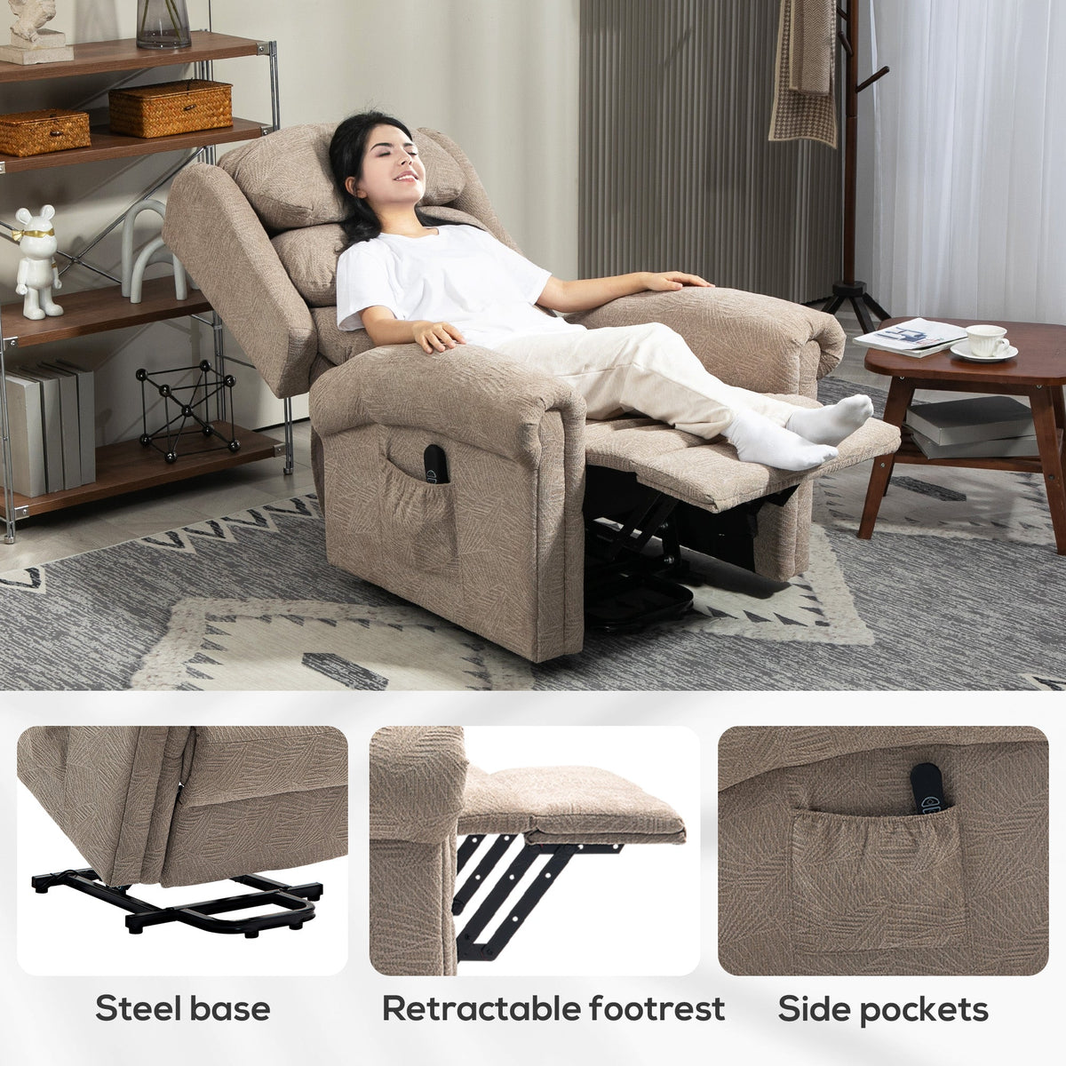 Riser Recliner Chair for Elderly, Velvet Electric Power Lift Chair with Layered Padded Backrest, Spring Cushion, Wide Seat, USB Port, Remote, Side Pockets, Lift Armchair for Living Room, Khaki