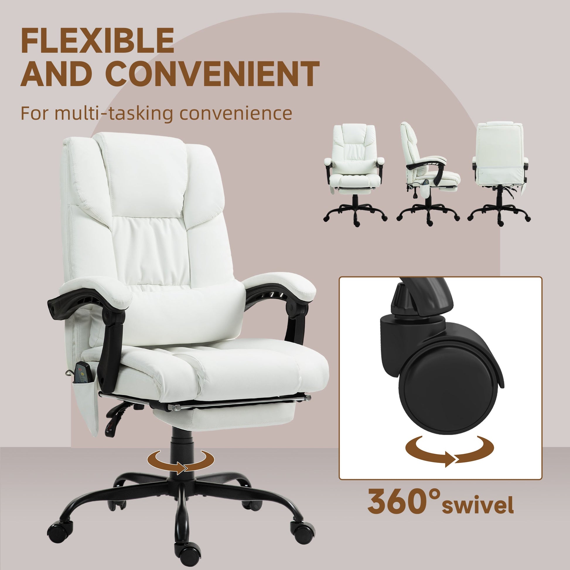 Vinsetto Massage Office Chair with 6 Point Vibration Massage, PU Leather Desk Chair with Lumbar Pillow Support, Adjustable Height and Footrest for Home Office, White