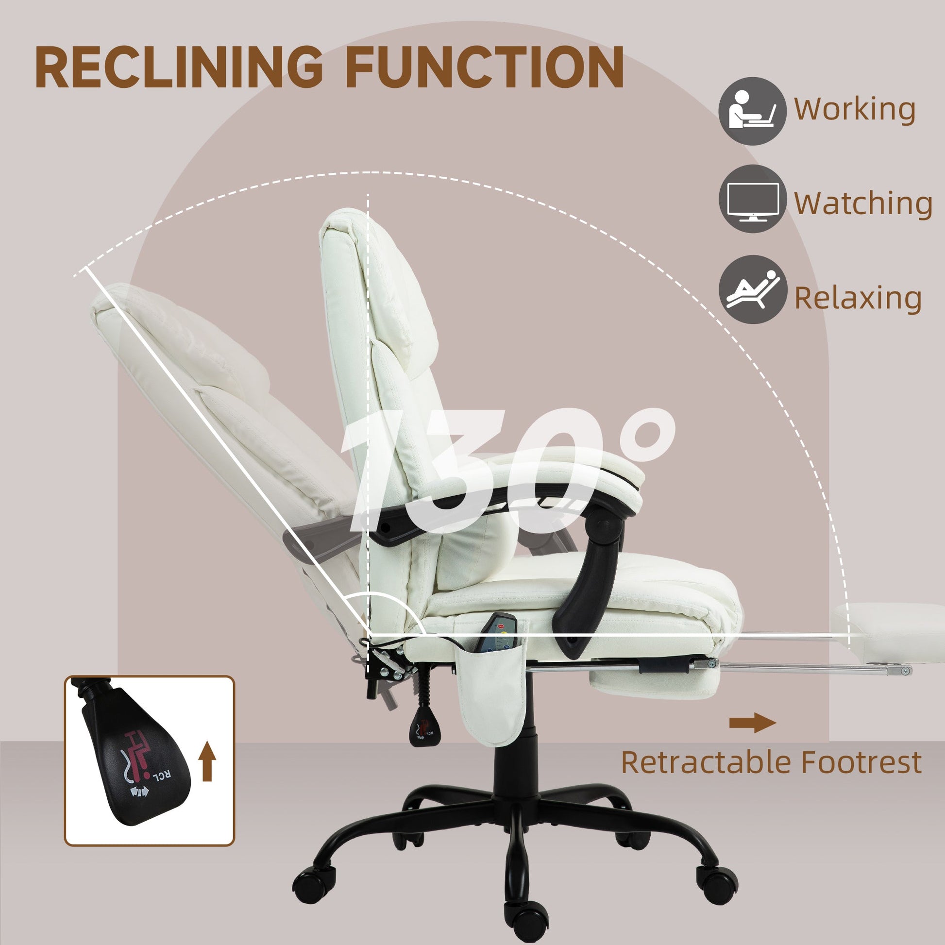 Vinsetto Massage Office Chair with 6 Point Vibration Massage, PU Leather Desk Chair with Lumbar Pillow Support, Adjustable Height and Footrest for Home Office, White