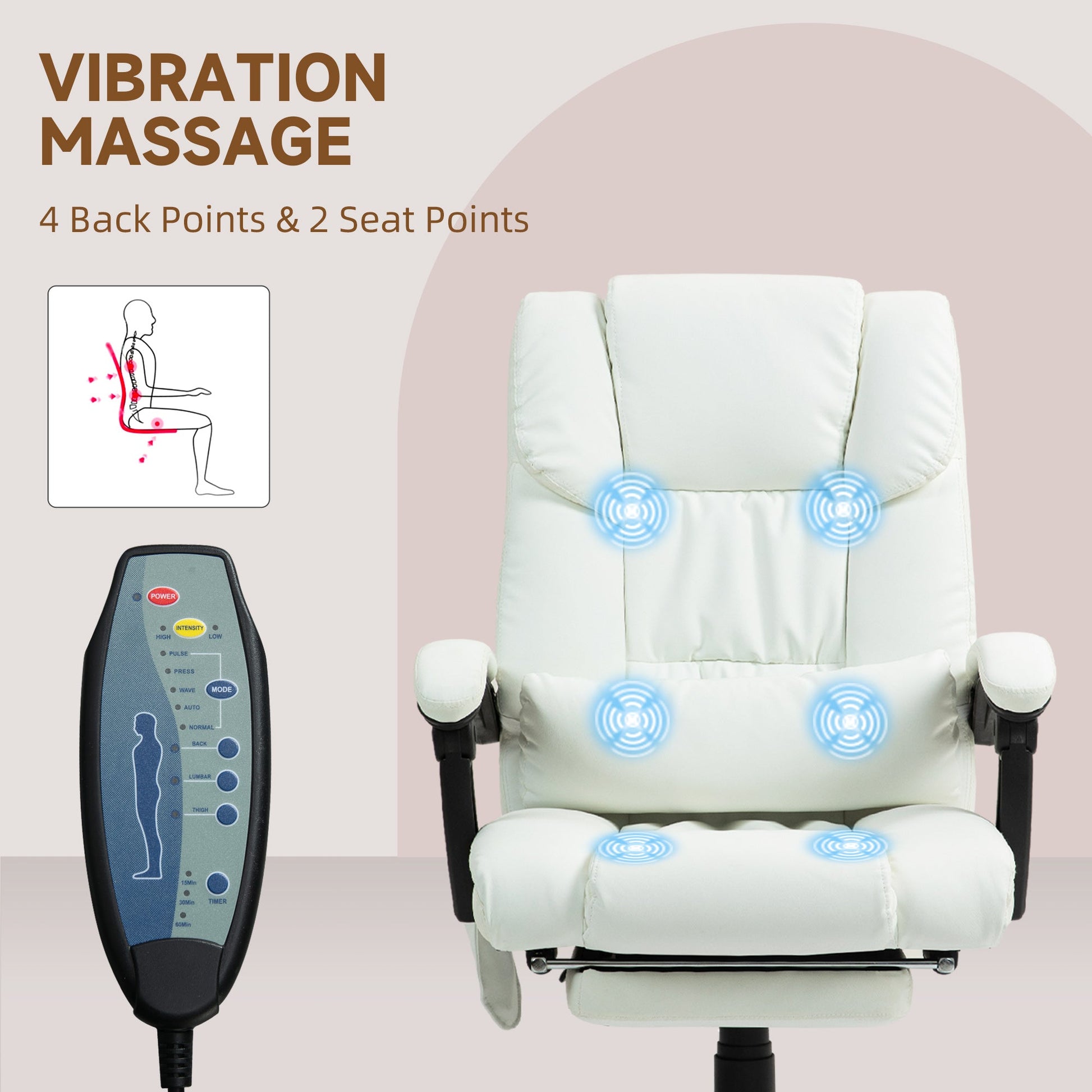 Vinsetto Massage Office Chair with 6 Point Vibration Massage, PU Leather Desk Chair with Lumbar Pillow Support, Adjustable Height and Footrest for Home Office, White
