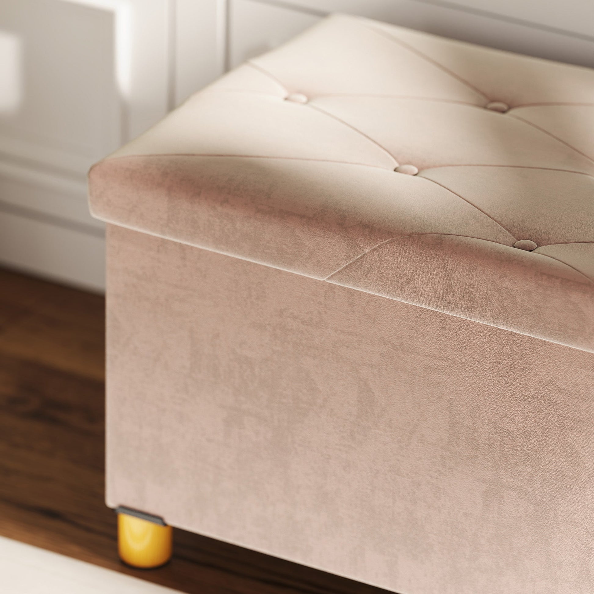 Storage Ottoman Bench, Velvet Upholstered Foldable Ottoman Footrest, Foot Stool with Wood Legs for Living Room, Bedroom, Entryway, Pink
