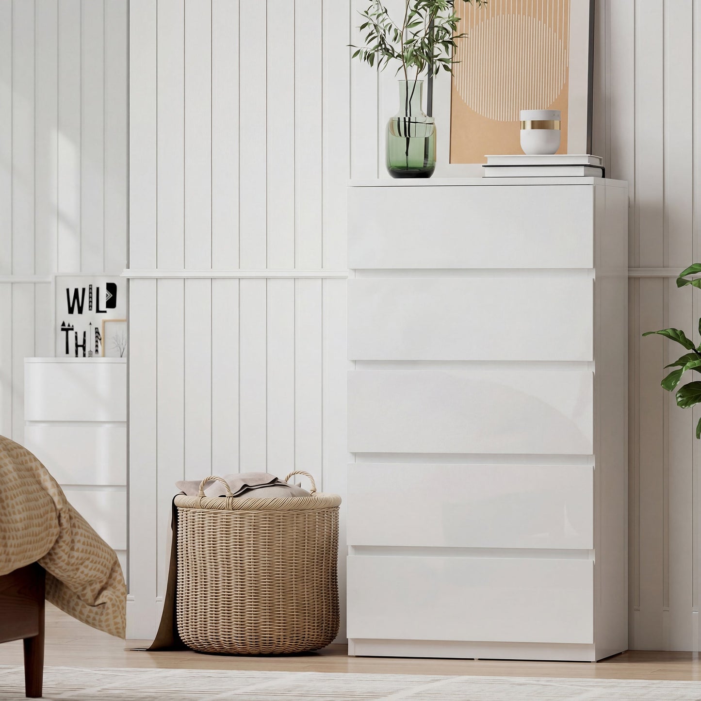 Chest of Drawers, 5 Drawers Storage Cabinet Floor Tower Cupboard for Bedroom Living Room, High Gloss White