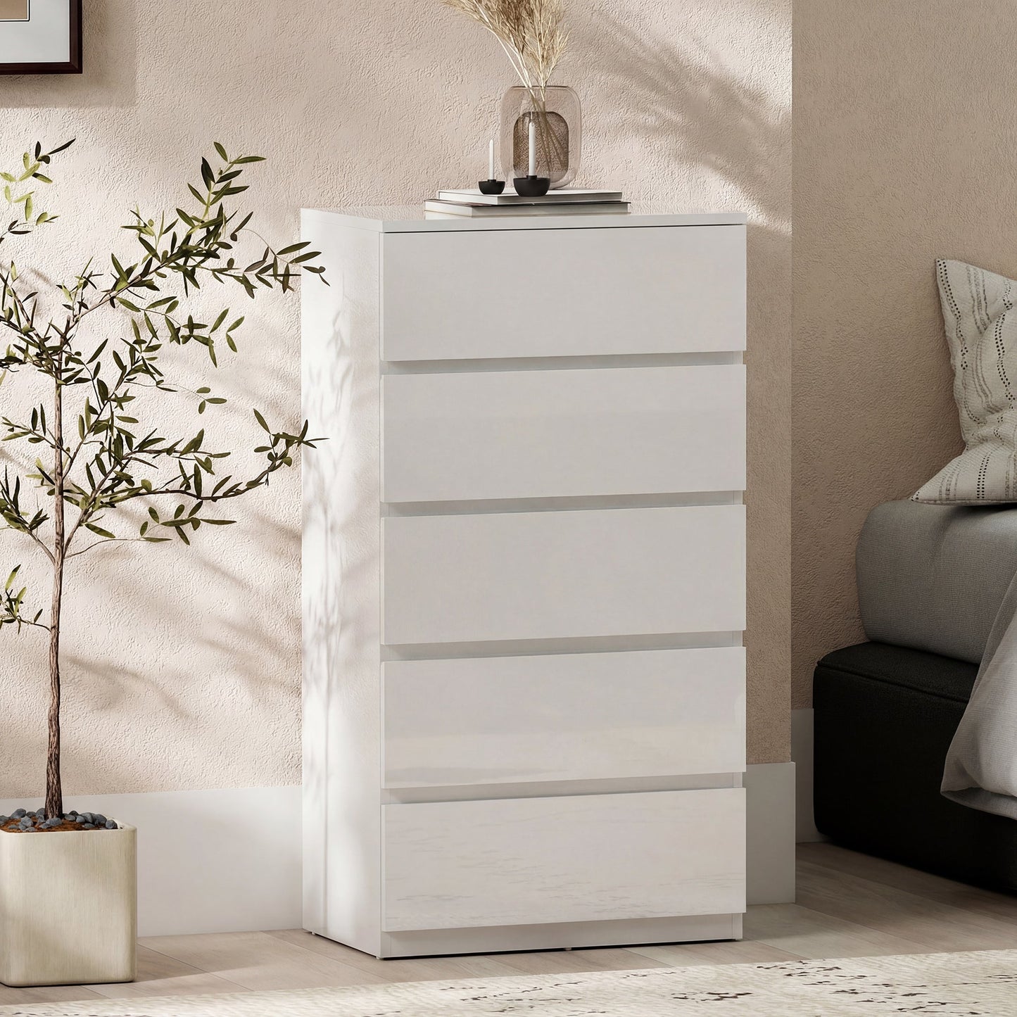 Chest of Drawers, 5 Drawers Storage Cabinet Floor Tower Cupboard for Bedroom Living Room, High Gloss White