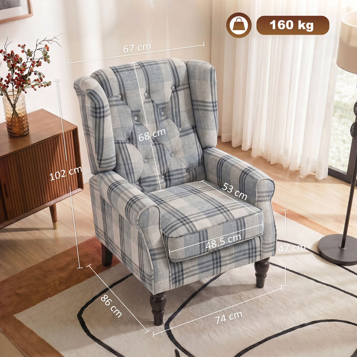 Wingback Accent Chair, Faux Linen Armchair with Thick Spring Cushion, High Back, Solid Wood Legs, Retro Button Tufted Reading Chair for Living Room, Bedroom, Mixed Plaid
