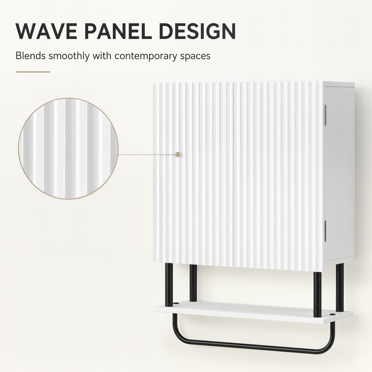 Bathroom Wall Cabinet with 2 Wavy Doors, Modern Bathroom Cabinet Wall Mounted Over Toilet with Hidden Storage and Open shelf, Towel Bar, Space Saving, White