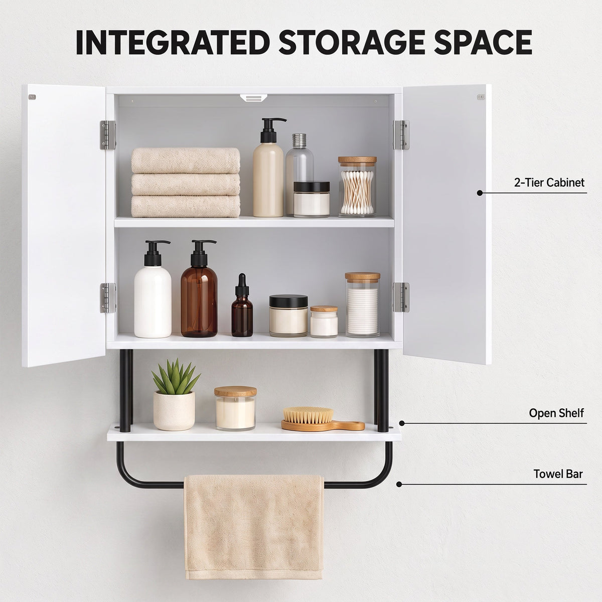 Bathroom Wall Cabinet with 2 Wavy Doors, Modern Bathroom Cabinet Wall Mounted Over Toilet with Hidden Storage and Open shelf, Towel Bar, Space Saving, White