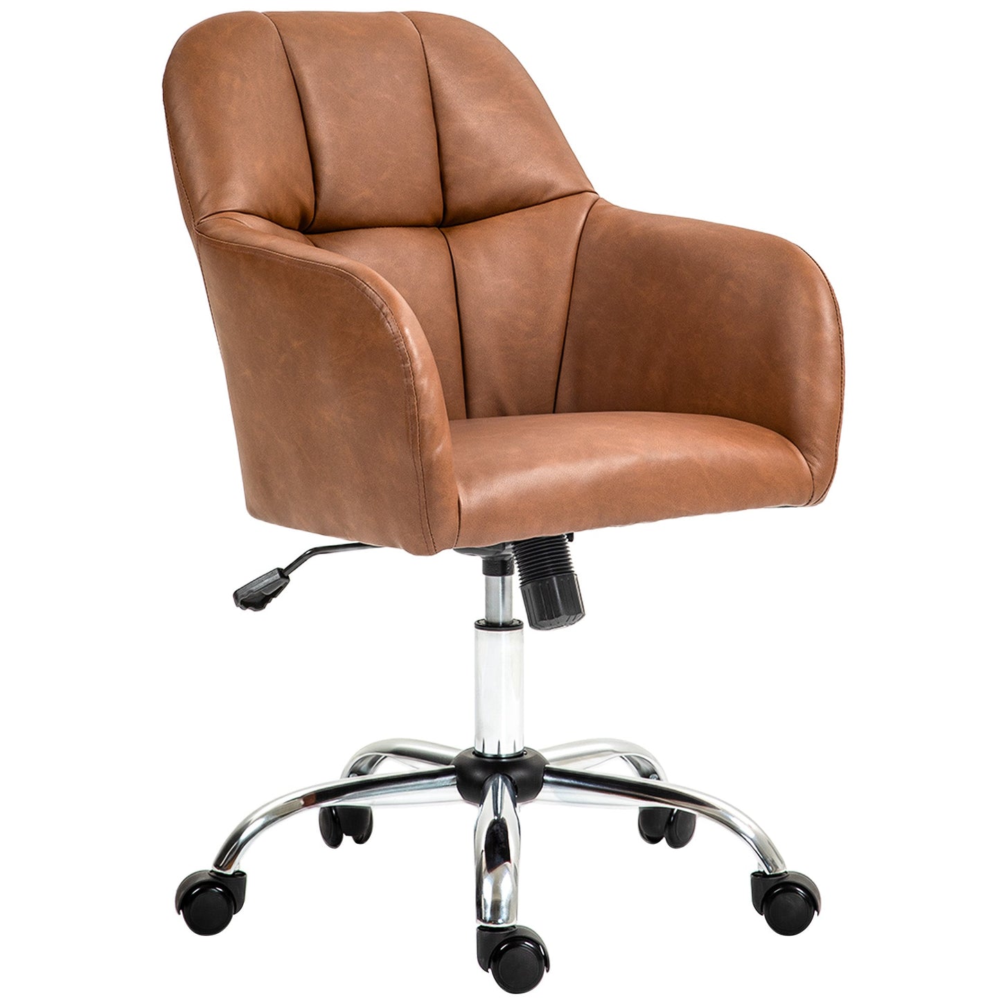 HOMCOM Computer Desk Chair, PU Leather Swivel Office Chair, Makeup Vanity Chair with Height Adjustable, Wheels, for Home Study Bedroom, Brown