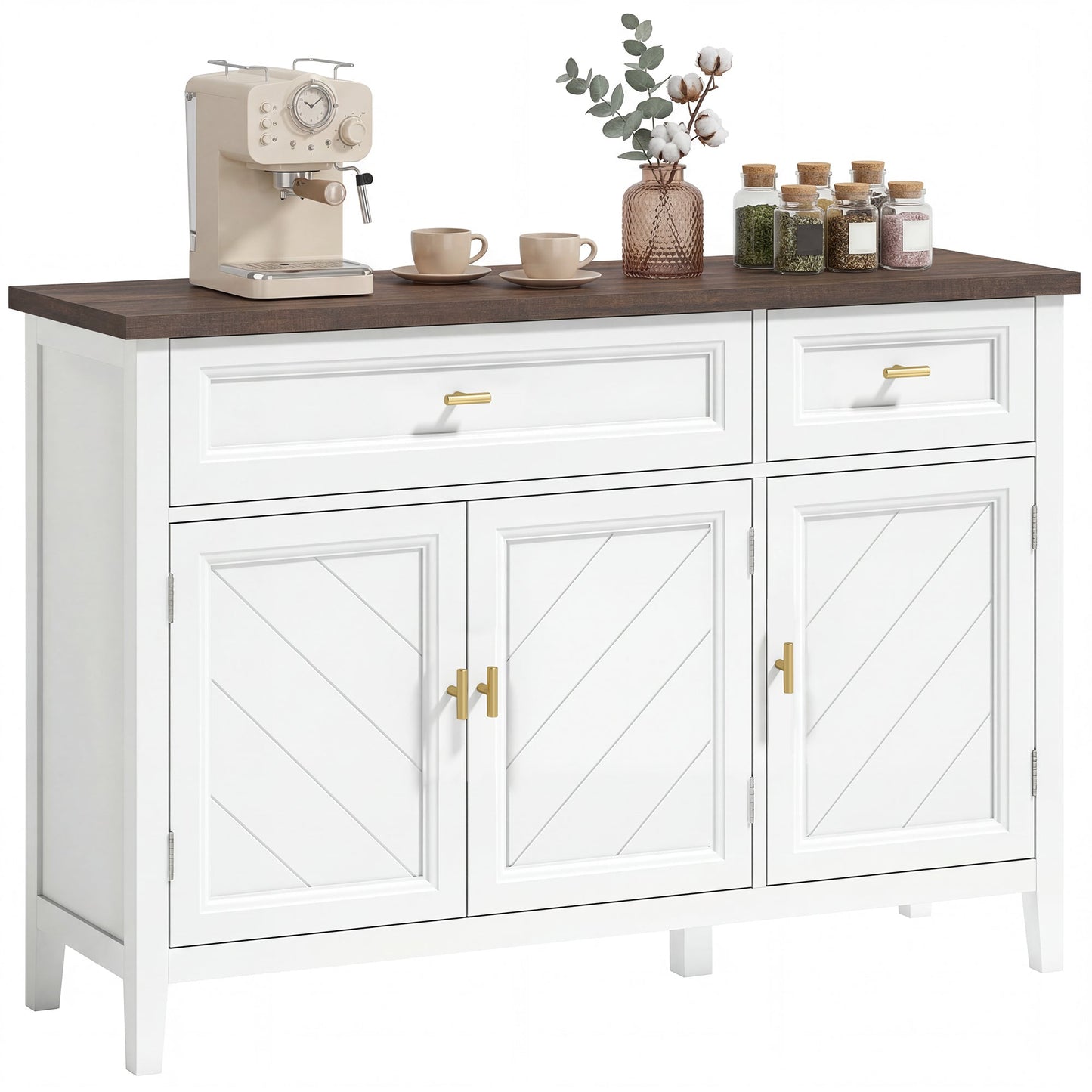 Sideboard with Thick Top, Modern Storage Cabinet, Kitchen Cupboard with 3 Doors, 2 Drawers and Adjustable Shelves for Dining Room, Living Room, White and Brown Wood Effect