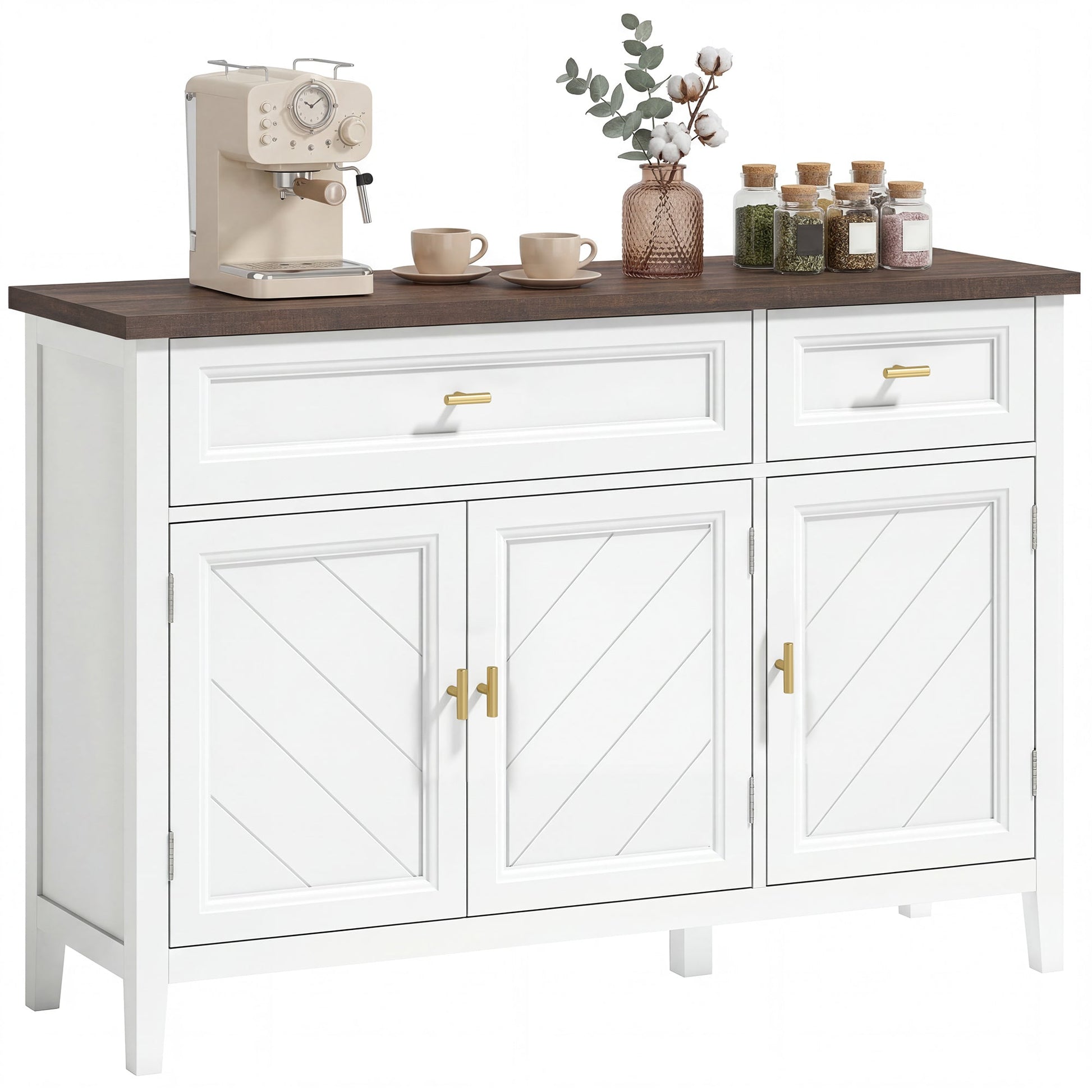 Sideboard with Thick Top, Modern Storage Cabinet, Kitchen Cupboard with 3 Doors, 2 Drawers and Adjustable Shelves for Dining Room, Living Room, White and Brown Wood Effect