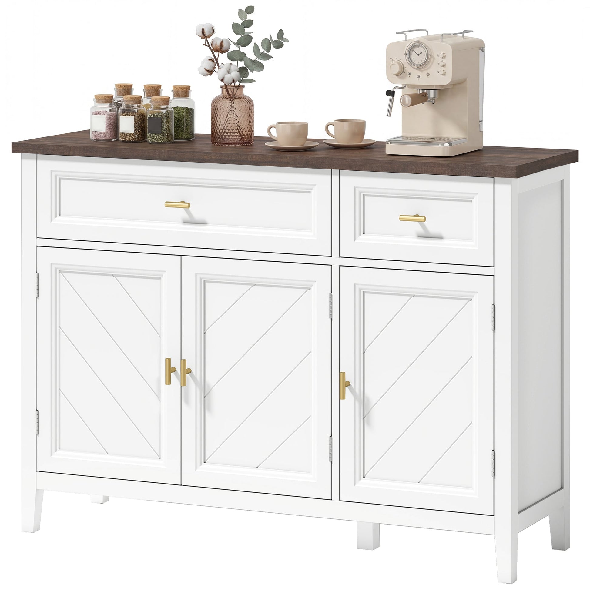 Sideboard with Thick Top, Modern Storage Cabinet, Kitchen Cupboard with 3 Doors, 2 Drawers and Adjustable Shelves for Dining Room, Living Room, White and Brown Wood Effect