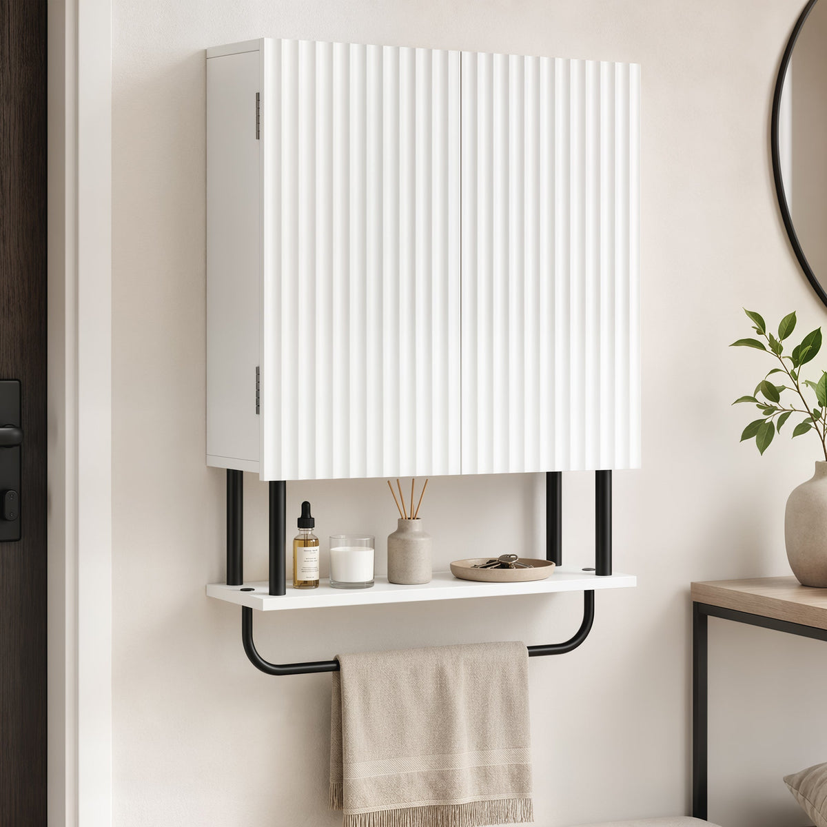 Bathroom Wall Cabinet with 2 Wavy Doors, Modern Bathroom Cabinet Wall Mounted Over Toilet with Hidden Storage and Open shelf, Towel Bar, Space Saving, White
