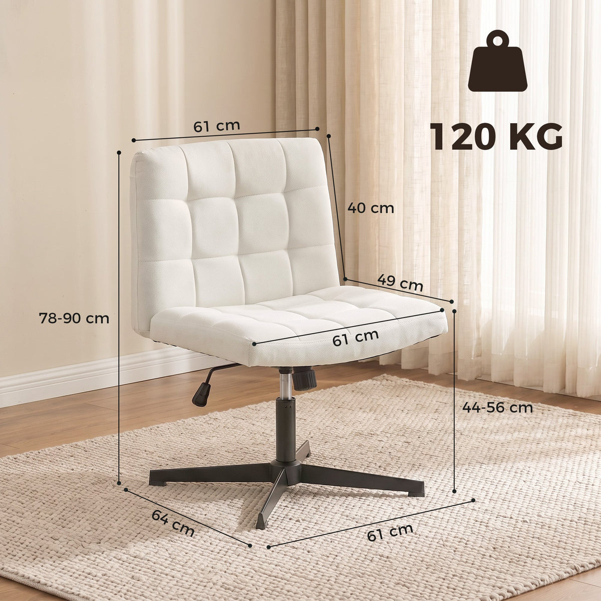 Armless Office Chair, Cross Legged Linen Computer Desk Vanity Chair with Wide Seat, Rocking Function, Swivel, Adjustable Height for Home Office, Study, Bedroom, Makeup, Beige