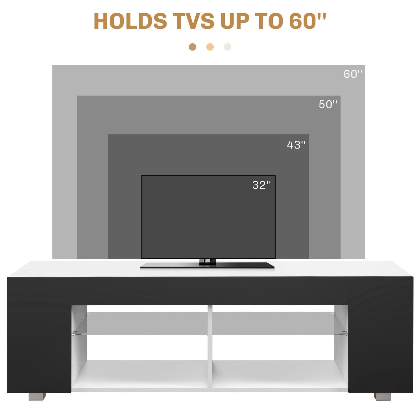 HOMCOM 145cm TV Unit with Glass Shelves and LED Light, Modern TV Stand Cabinet for Living Room, Entertainment Unit for 60 inch 4k TV, Black