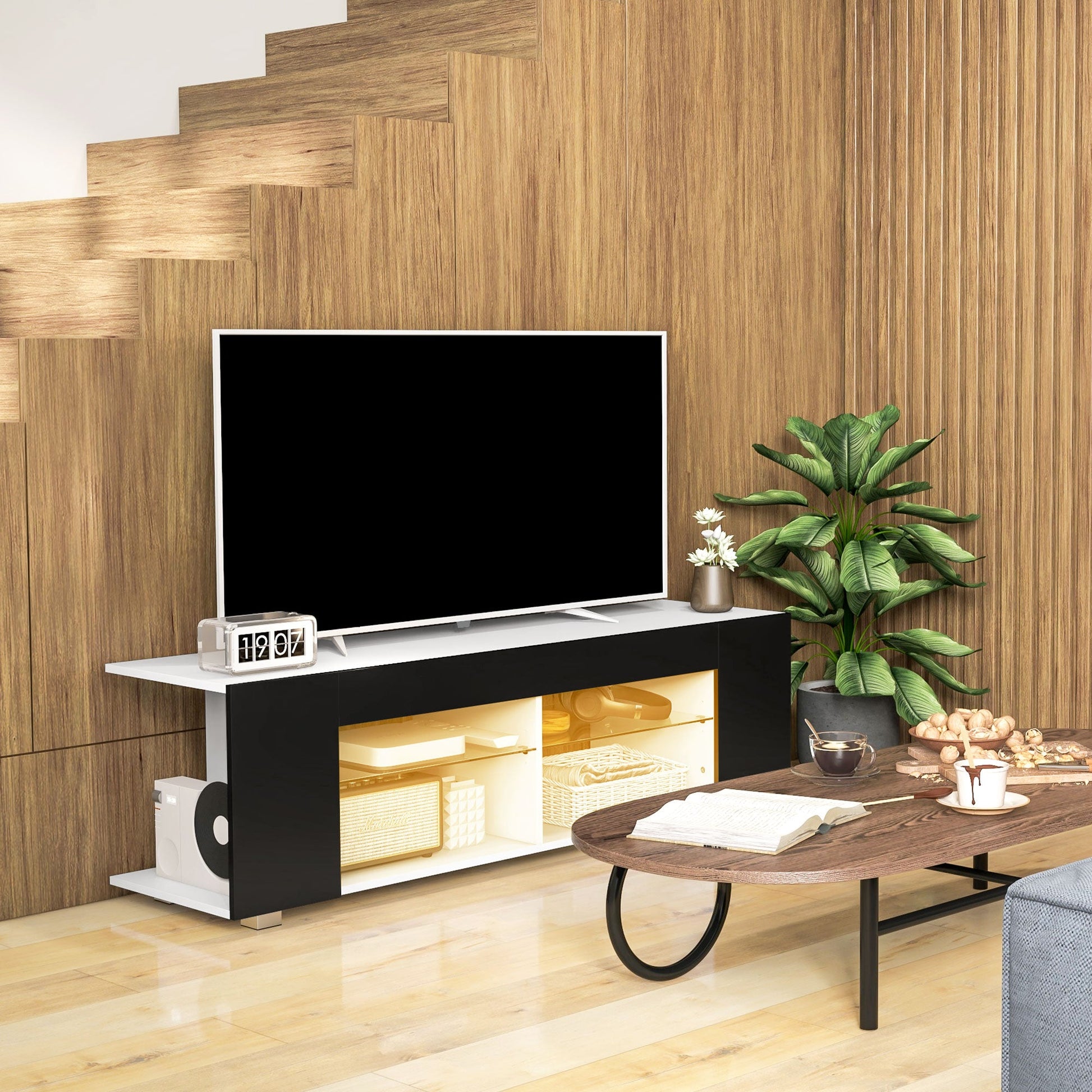 HOMCOM 145cm TV Unit with Glass Shelves and LED Light, Modern TV Stand Cabinet for Living Room, Entertainment Unit for 60 inch 4k TV, Black