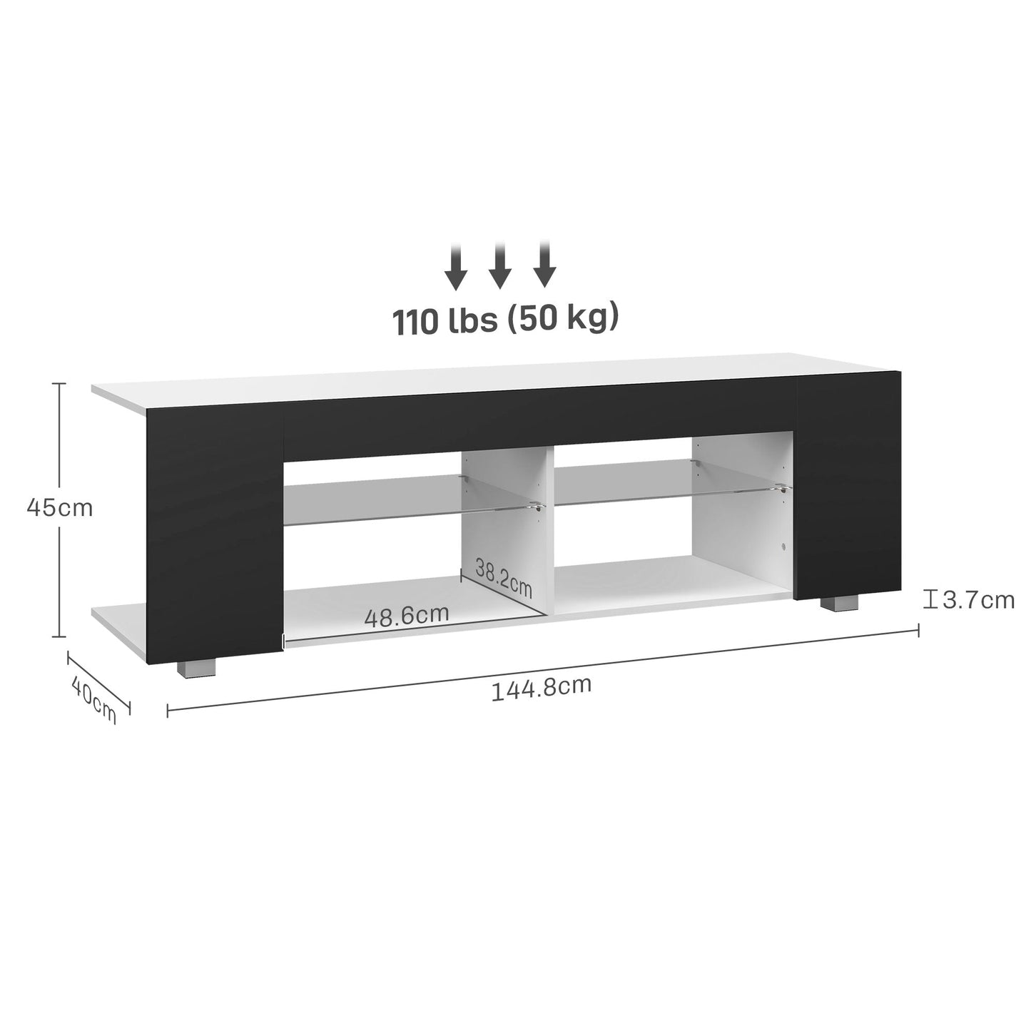 HOMCOM 145cm TV Unit with Glass Shelves and LED Light, Modern TV Stand Cabinet for Living Room, Entertainment Unit for 60 inch 4k TV, Black