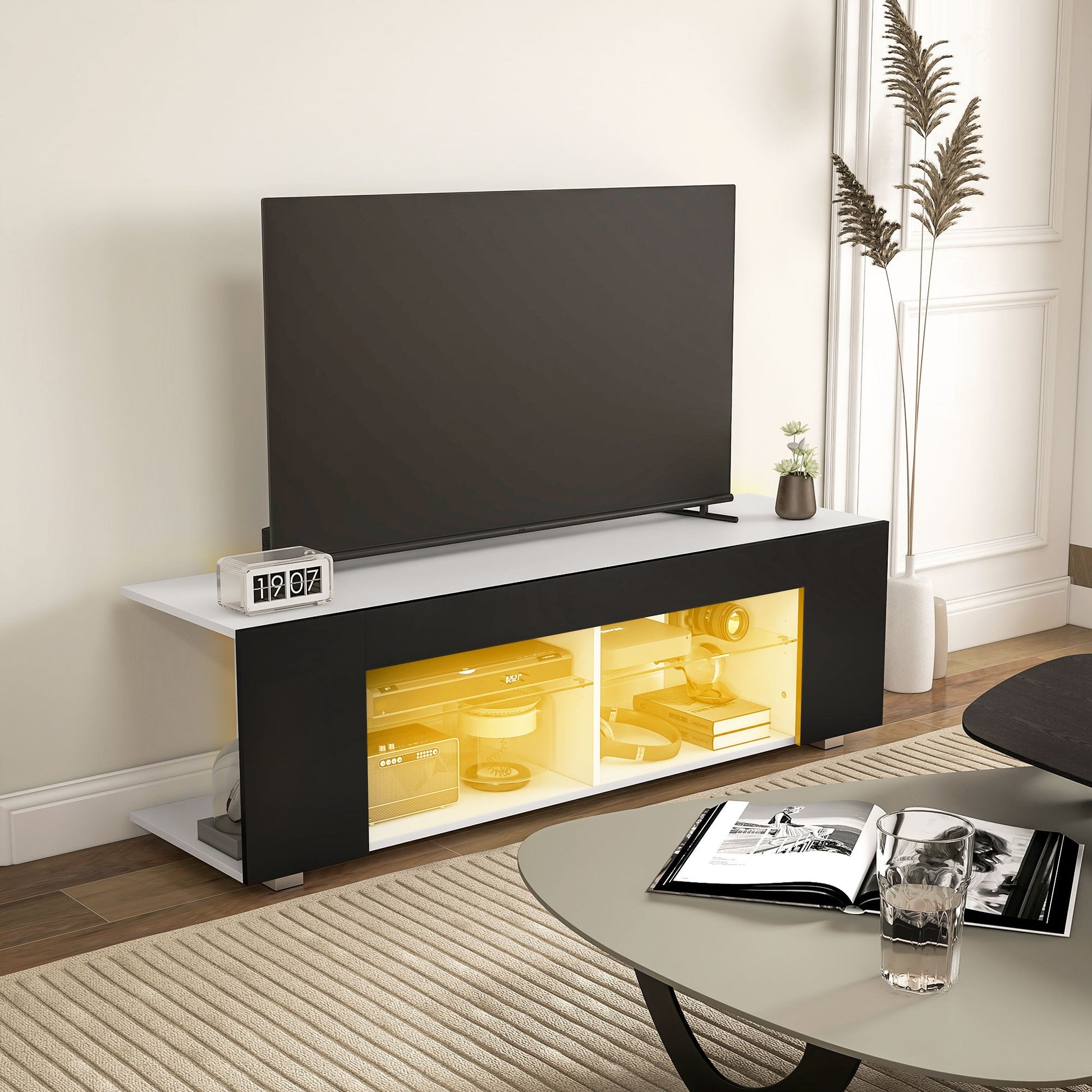 HOMCOM 145cm TV Unit with Glass Shelves and LED Light, Modern TV Stand Cabinet for Living Room, Entertainment Unit for 60 inch 4k TV, Black