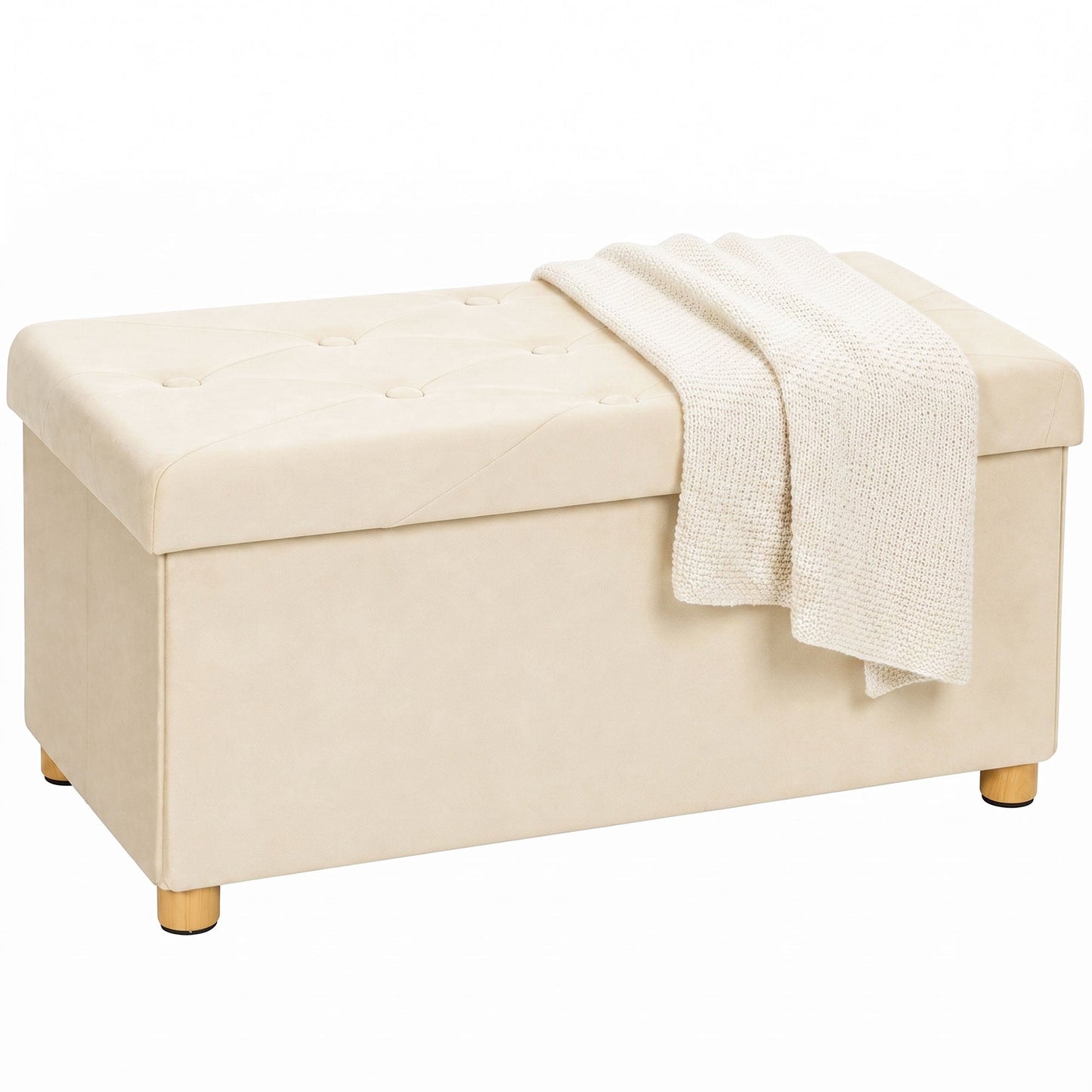 Storage Ottoman Bench, Velvet Upholstered Foldable Ottoman Footrest, Foot Stool with Wood Legs for Living Room, Bedroom, Entryway, Cream White