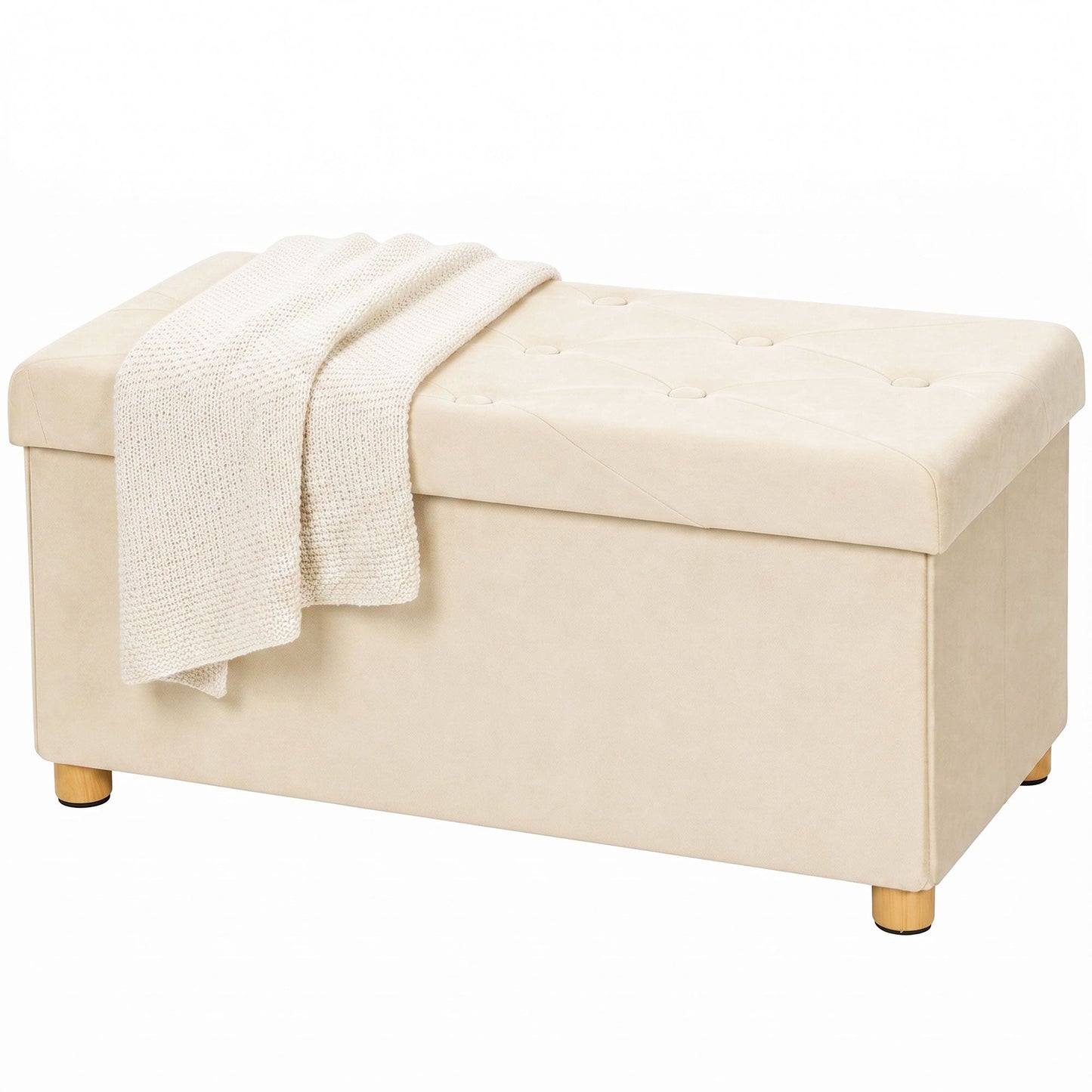 Storage Ottoman Bench, Velvet Upholstered Foldable Ottoman Footrest, Foot Stool with Wood Legs for Living Room, Bedroom, Entryway, Cream White